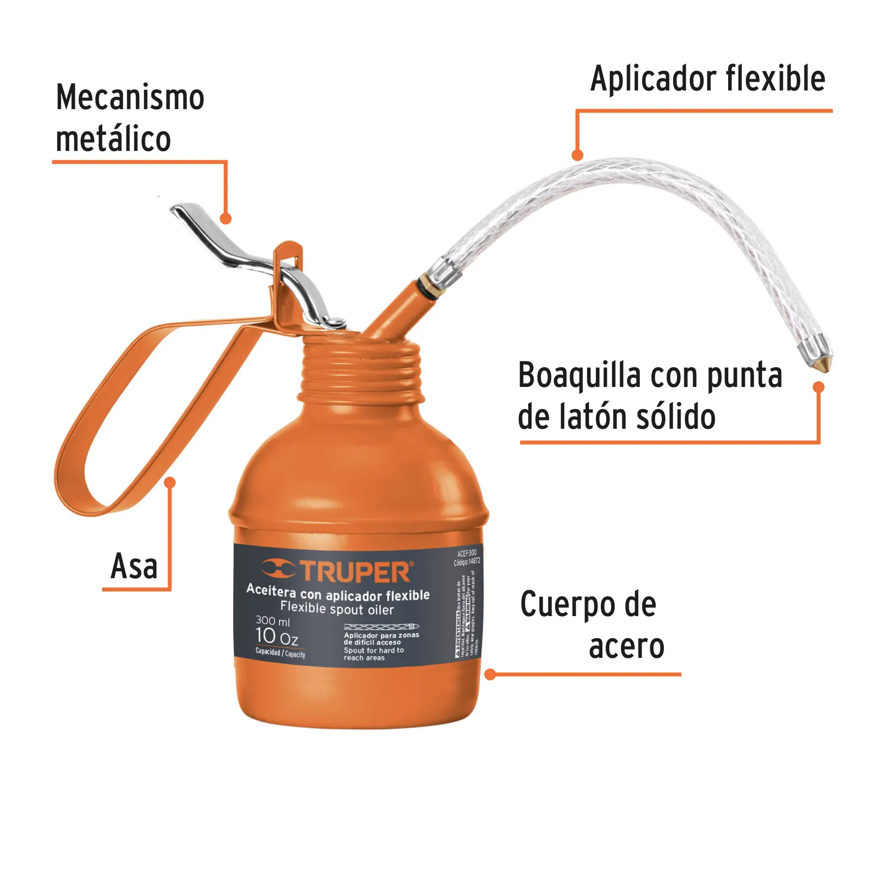 Aceitera de 300 ml (10 oz) con aplicador flexible, Truper ACEF-300, Foto 2 Tienda en línea de herramientas Truper