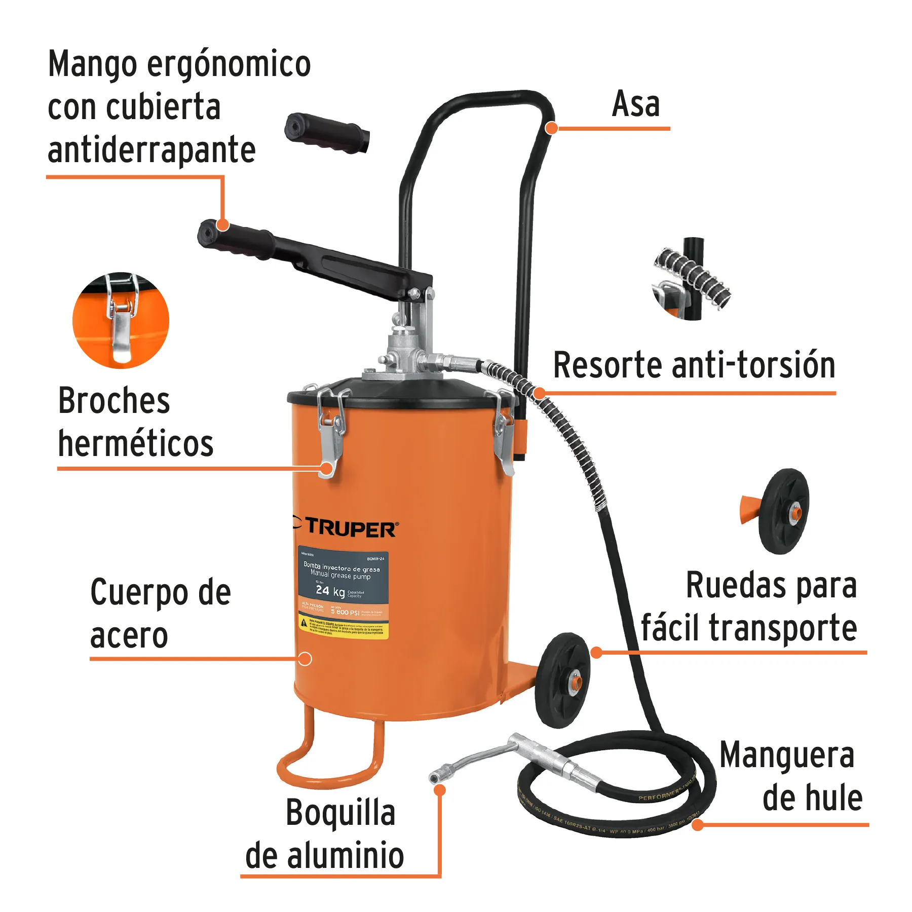 Bomba inyectora de grasa, 24 kg, Truper BOMIN-24, Foto 2 Tienda en línea de herramientas Truper