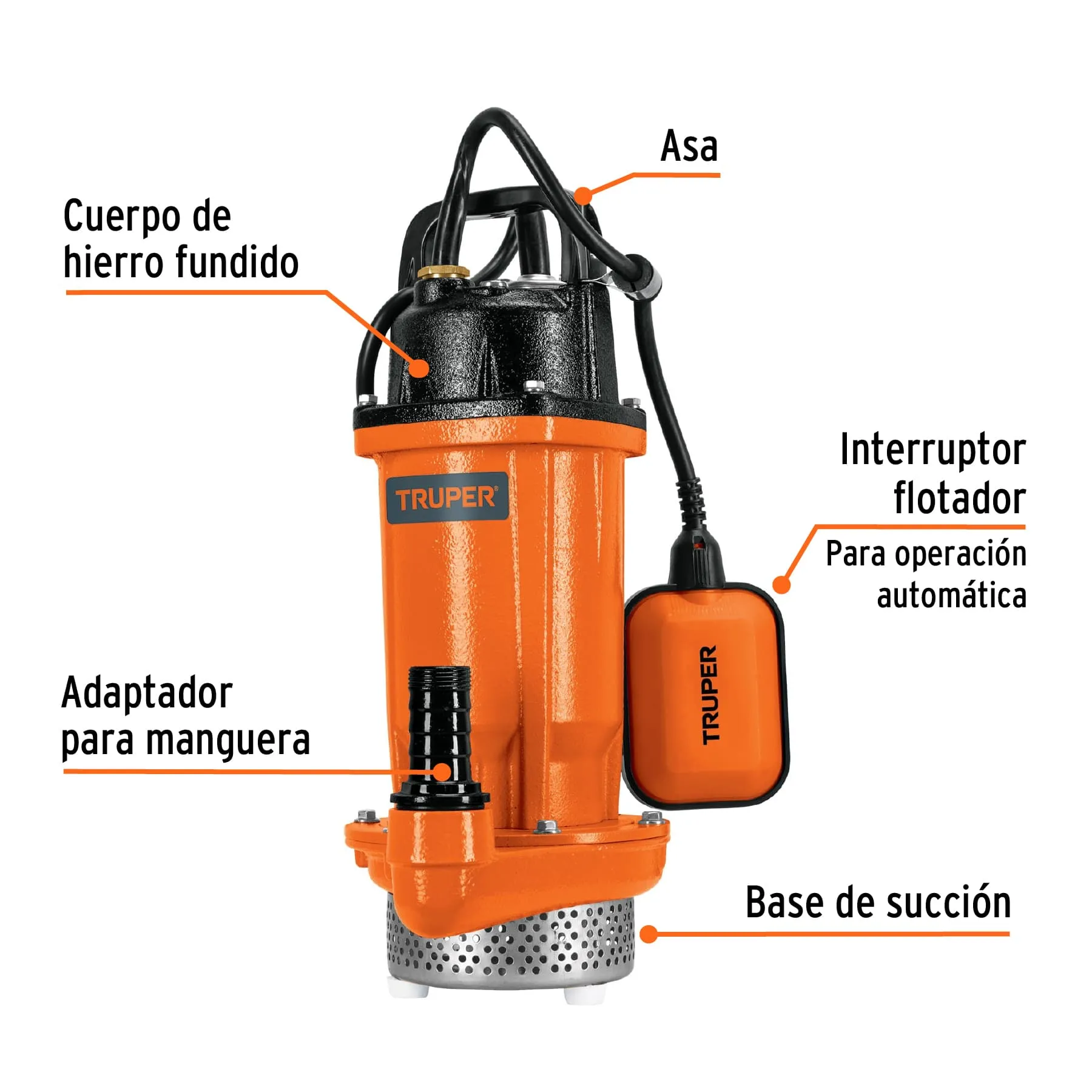 Bomba sumergible hierro fundido, agua limpia, 1/2 HP, TRUPER BOS-1/2LH, Foto 2 Tienda en línea de herramientas Truper
