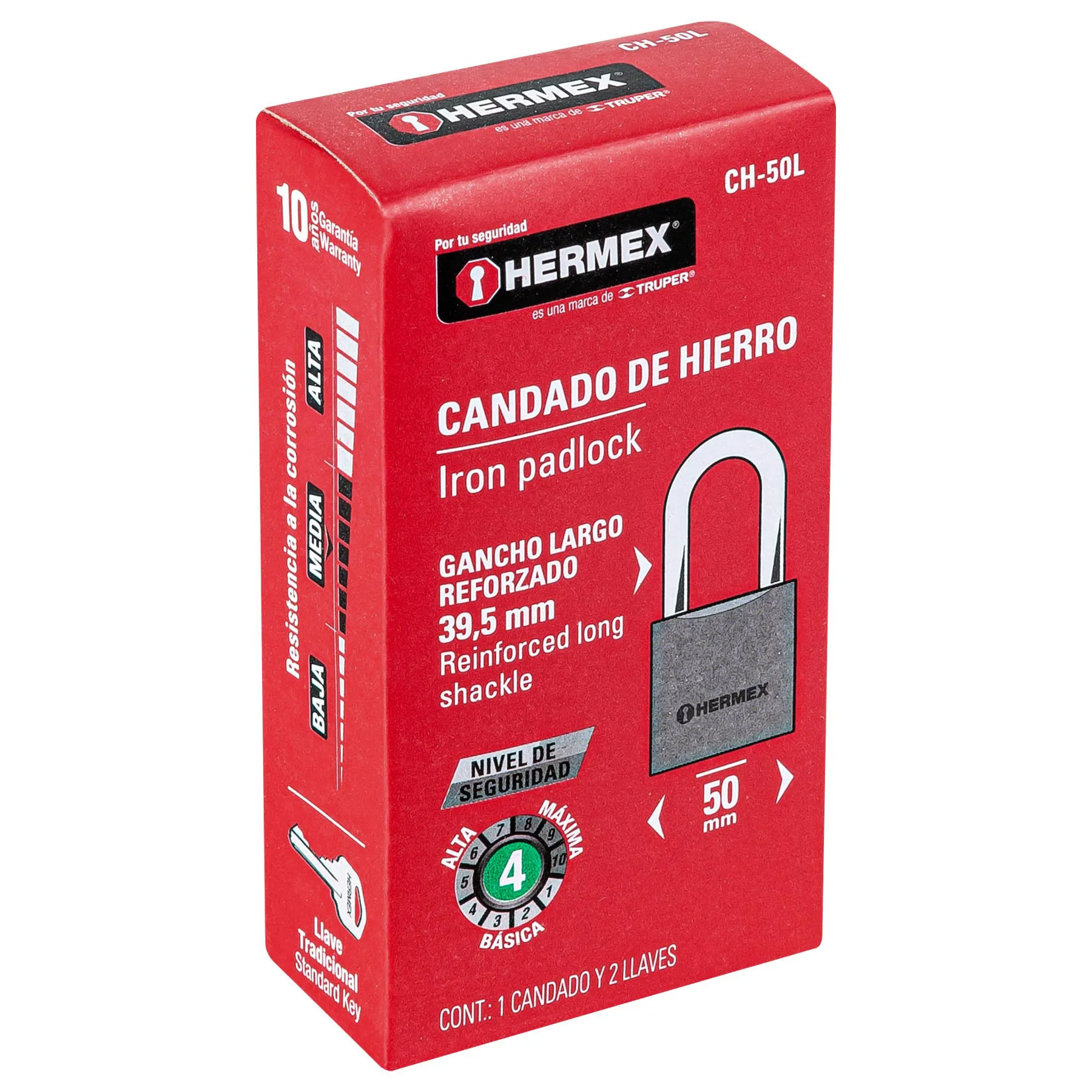 Candado de hierro 50 mm gancho largo en caja, HERMEX CH-50L, Foto 3 Tienda en línea de herramientas Truper