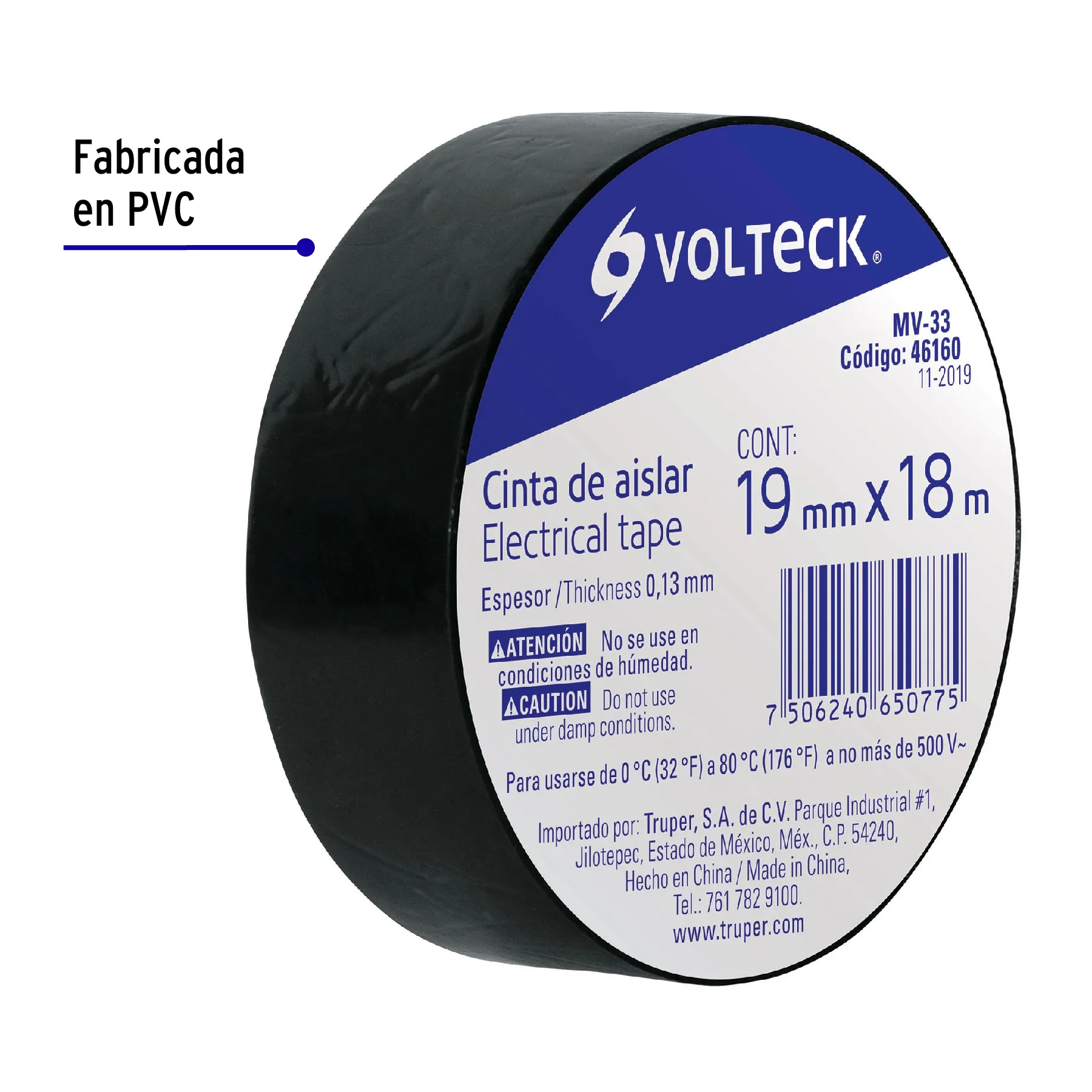 Cinta de aislar de 18 m x 19 mm, negra, Volteck MV-33, Foto 2 Tienda en línea de herramientas Truper