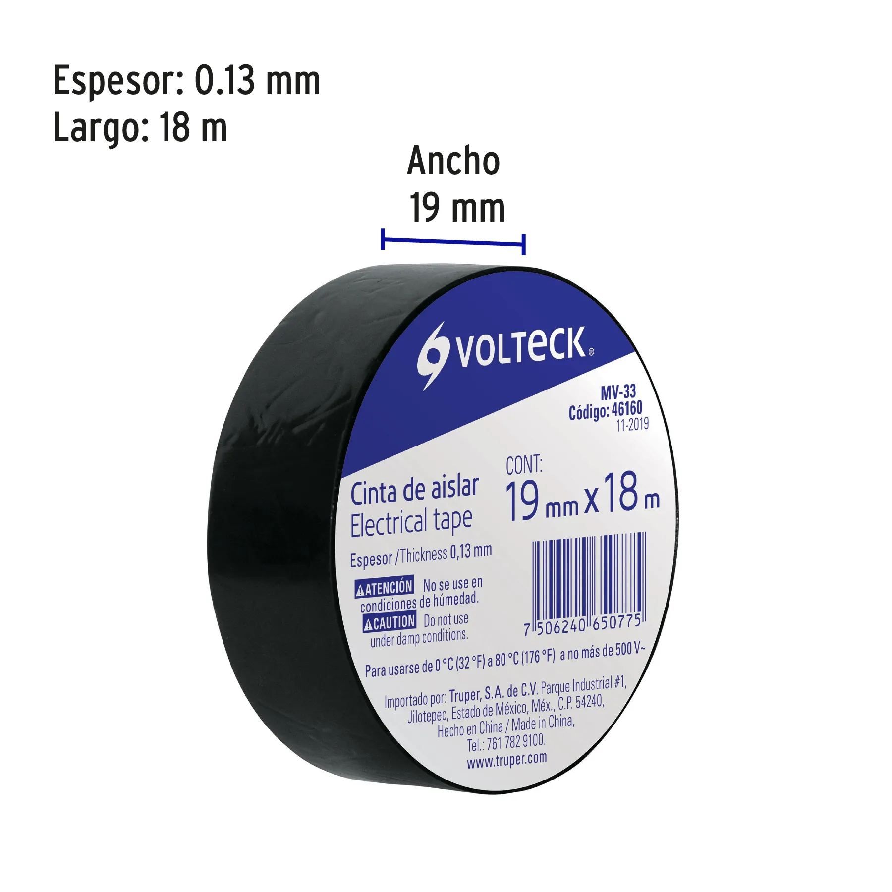 Cinta de aislar de 18 m x 19 mm, negra, Volteck MV-33, Foto 3 Tienda en línea de herramientas Truper