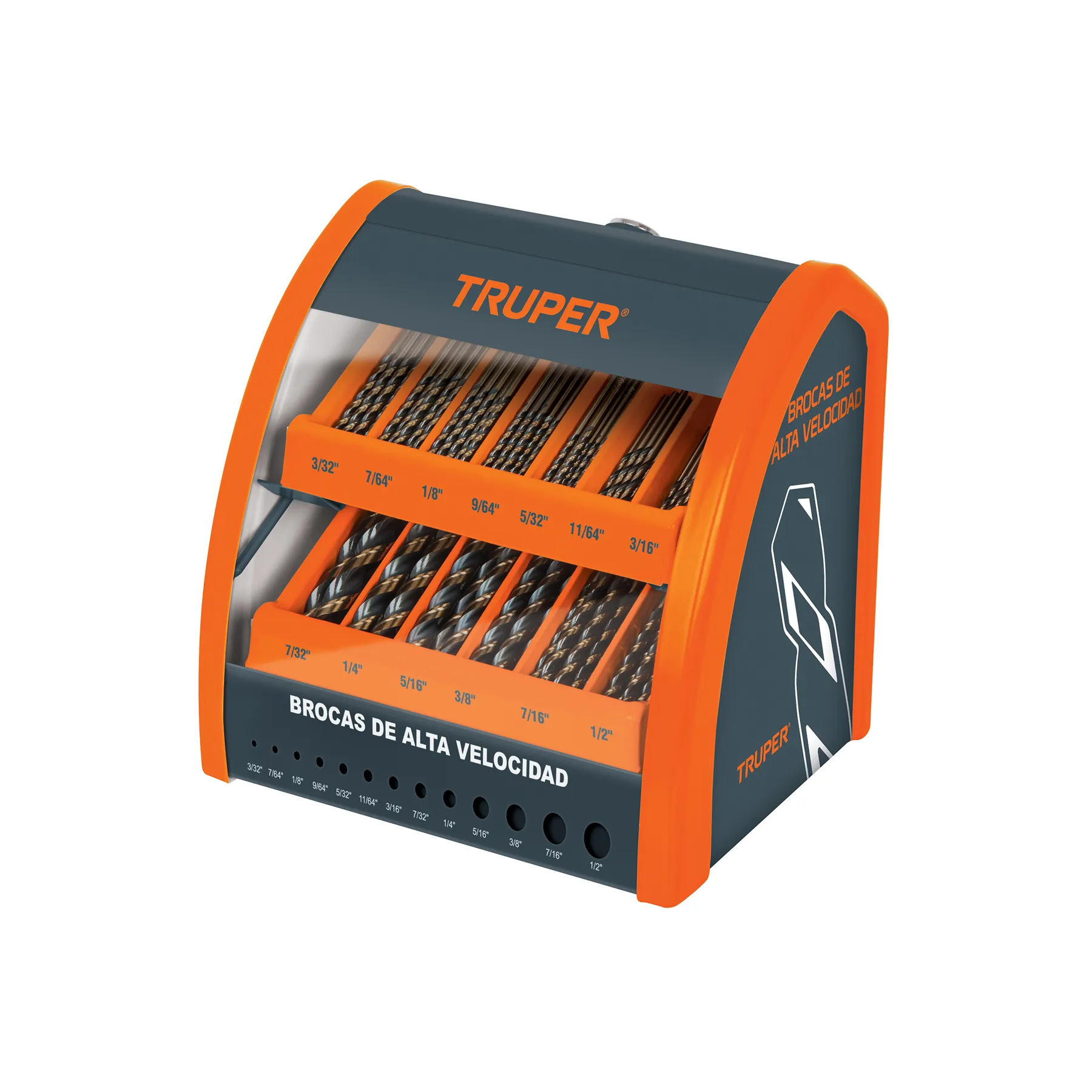 Despachador 13 compartimentos para brocas HSS con producto, Foto 1 Tienda en línea de herramientas Truper