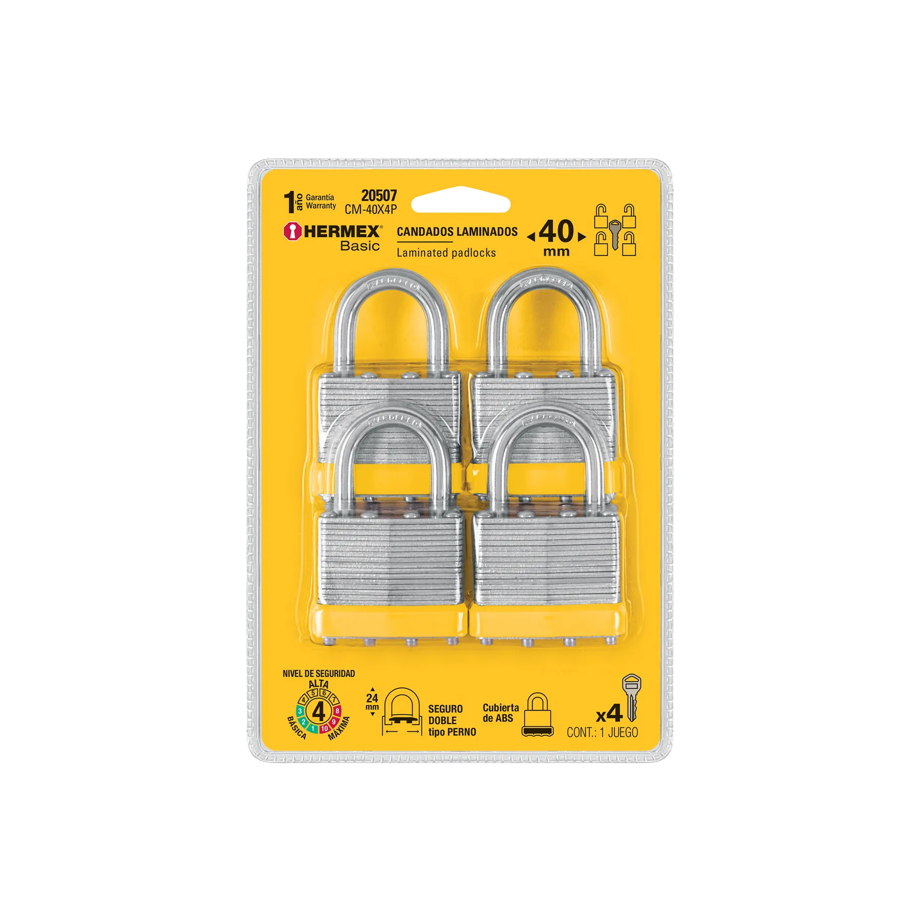 Juego de 4 candados cuerpo laminado, 40 mm, HERMEX BASIC, Foto 1 Tienda en línea de herramientas Truper