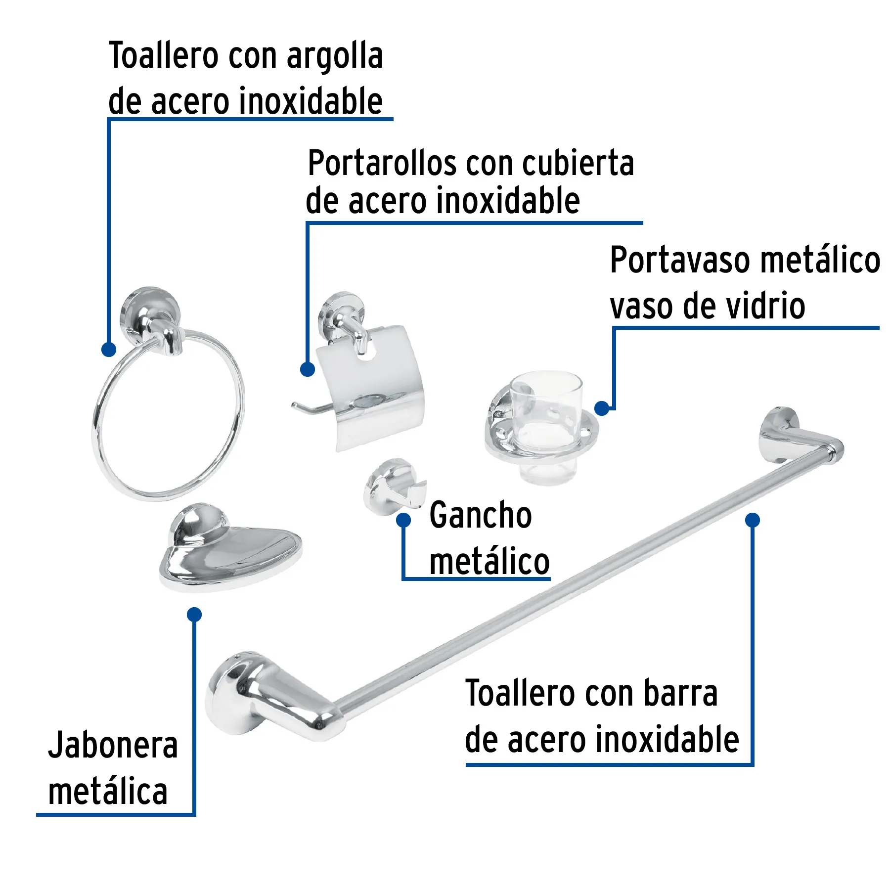 Juego de 6 accesorios para baño metálicos, Foset Aqua AQA-4000, Foto 2 Tienda en línea de herramientas Truper