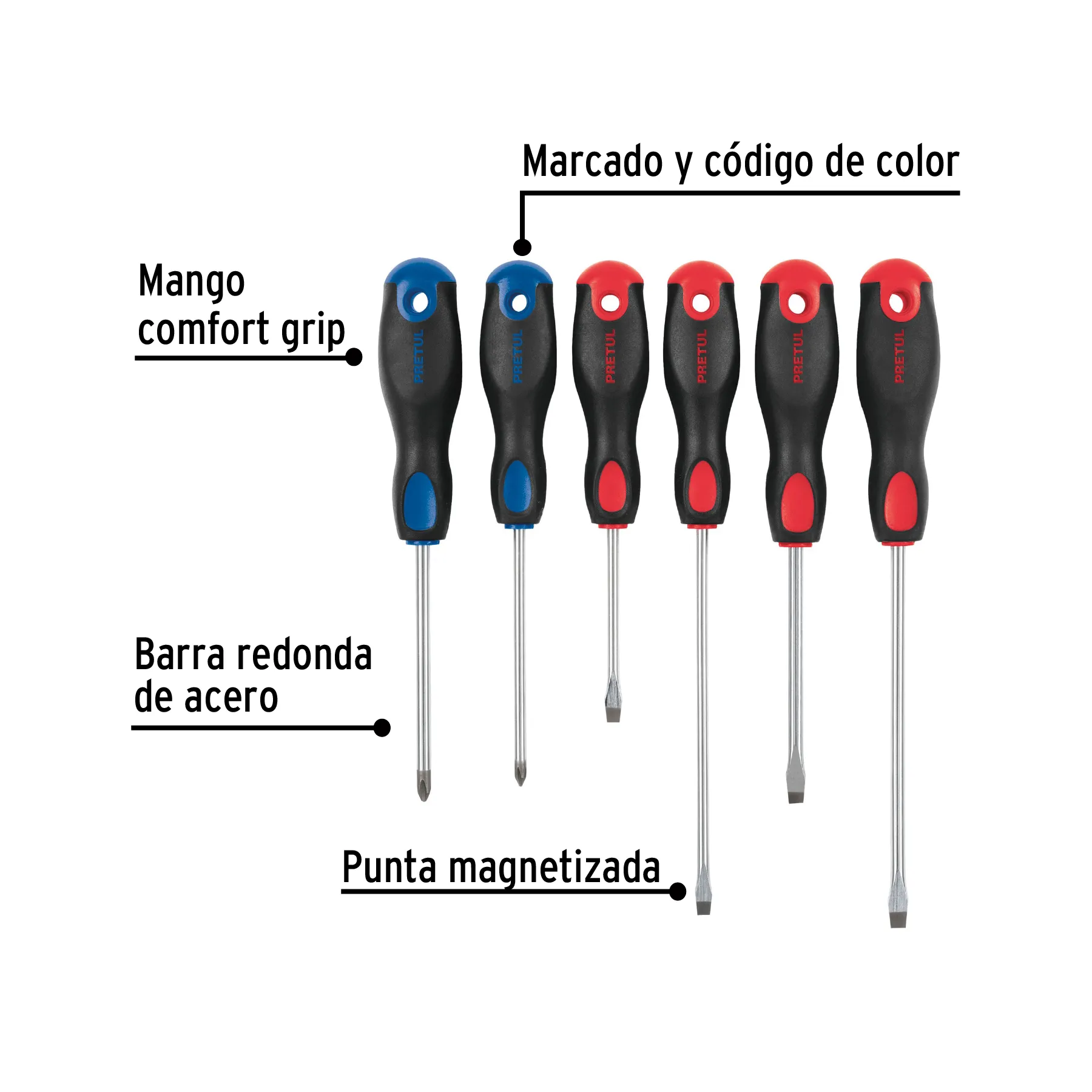 Juego de 6 desarmadores mango Comfort Grip, Pretul JD-6BP, Foto 2 Tienda en línea de herramientas Truper