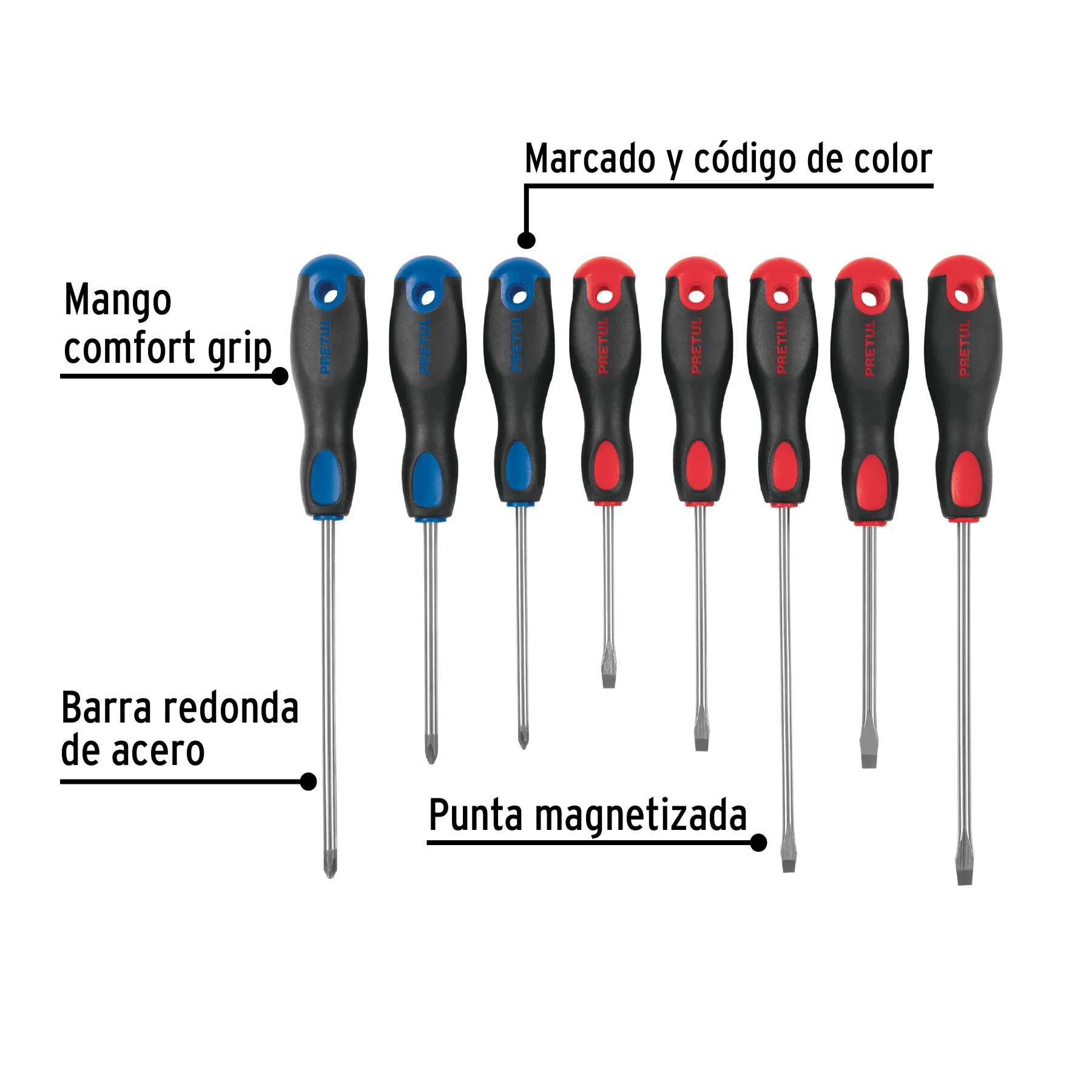 Juego de 8 desarmadores mango Comfort Grip, Pretul JD-8BP, Foto 2 Tienda en línea de herramientas Truper