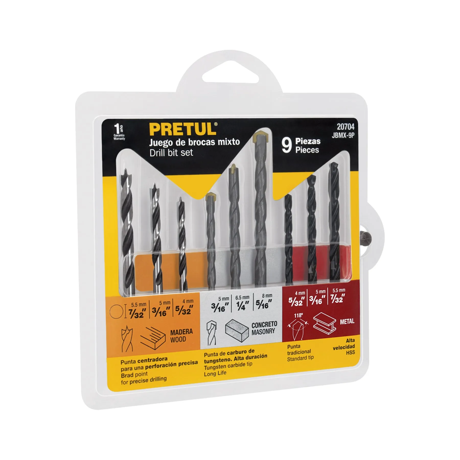 Juego de 9 brocas para metal, concreto y madera, Pretul Juego de 9 brocas para metal, concreto y madera, Pretul, Foto 1 Tienda en línea de herramientas Truper