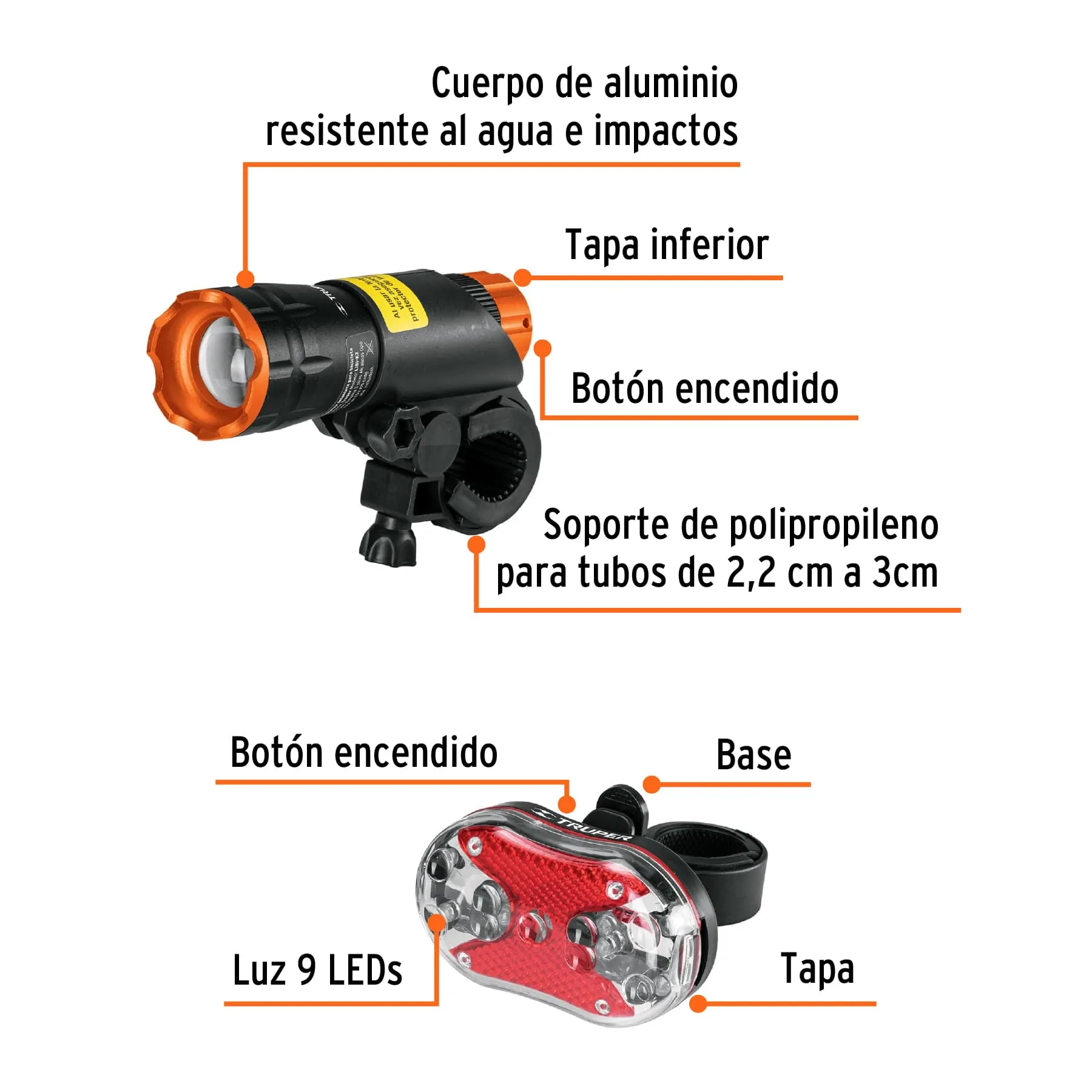 Juego de linterna delantera y trasera para bicicleta, TRUPER LIBI-K2, Foto 3 Tienda en línea de herramientas Truper