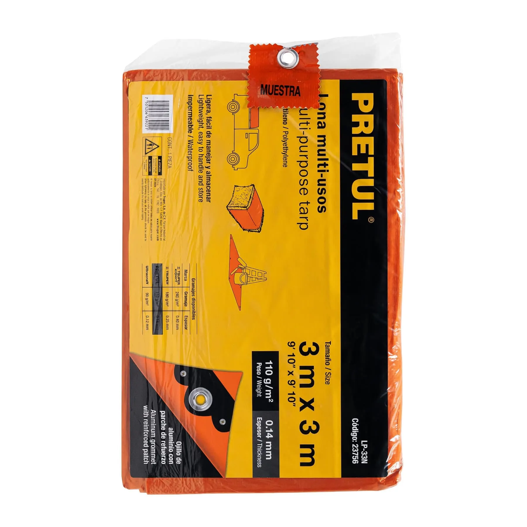 Lona de polietileno 3 x 3 m, naranja, 110 g/m2, PRETUL LP-33N, Foto 2 Tienda en línea de herramientas Truper