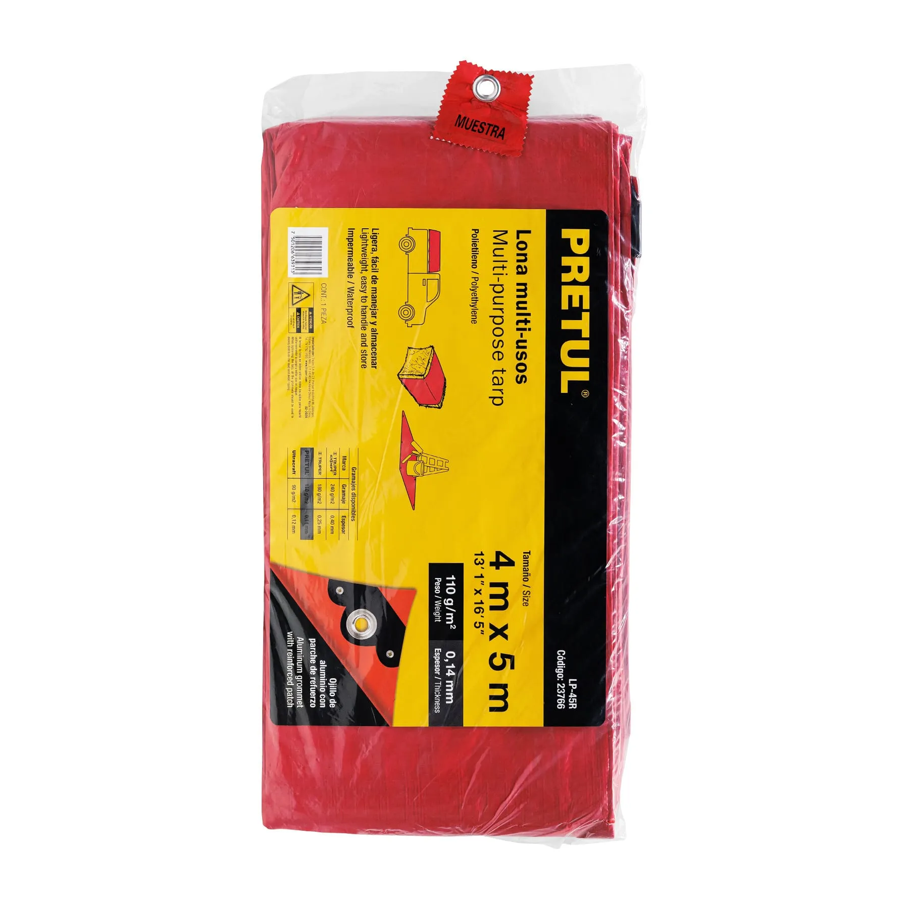 Lona de polietileno 4 x 5 m, roja, 110 g/m2, PRETUL LP-45R, Foto 2 Tienda en línea de herramientas Truper