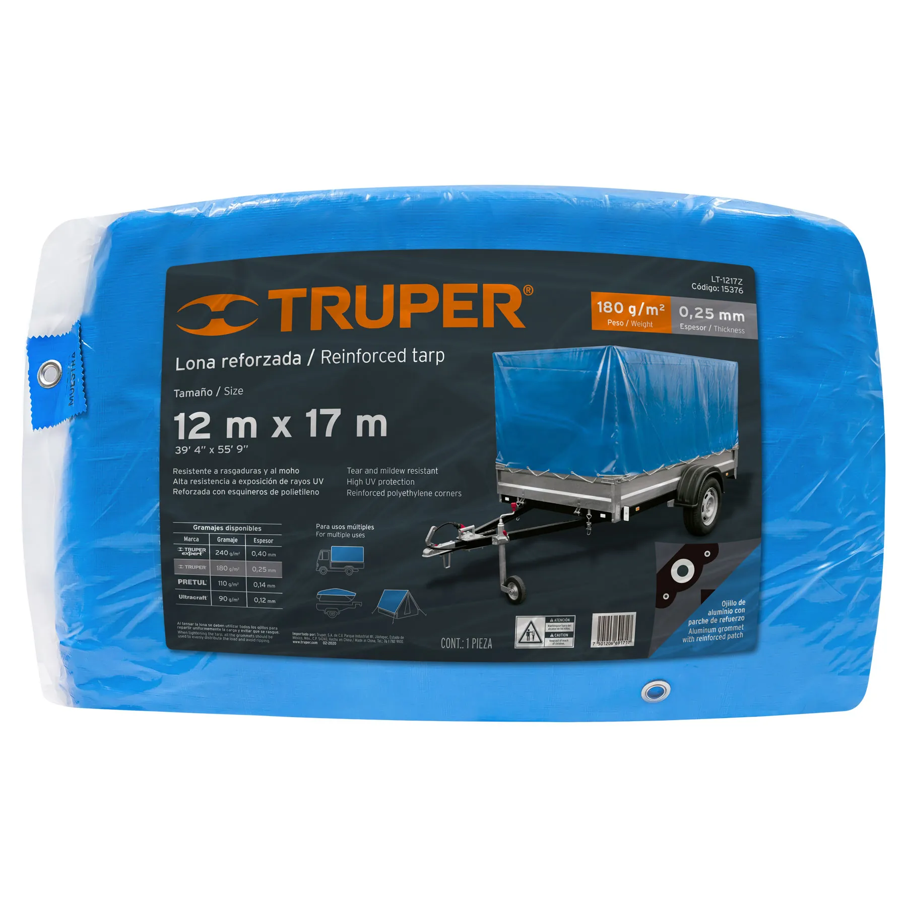 Lona de polietileno reforzada 12x17 m, azul, 180g/m2, TRUPER LT-1217Z, Foto 2 Tienda en línea de herramientas Truper