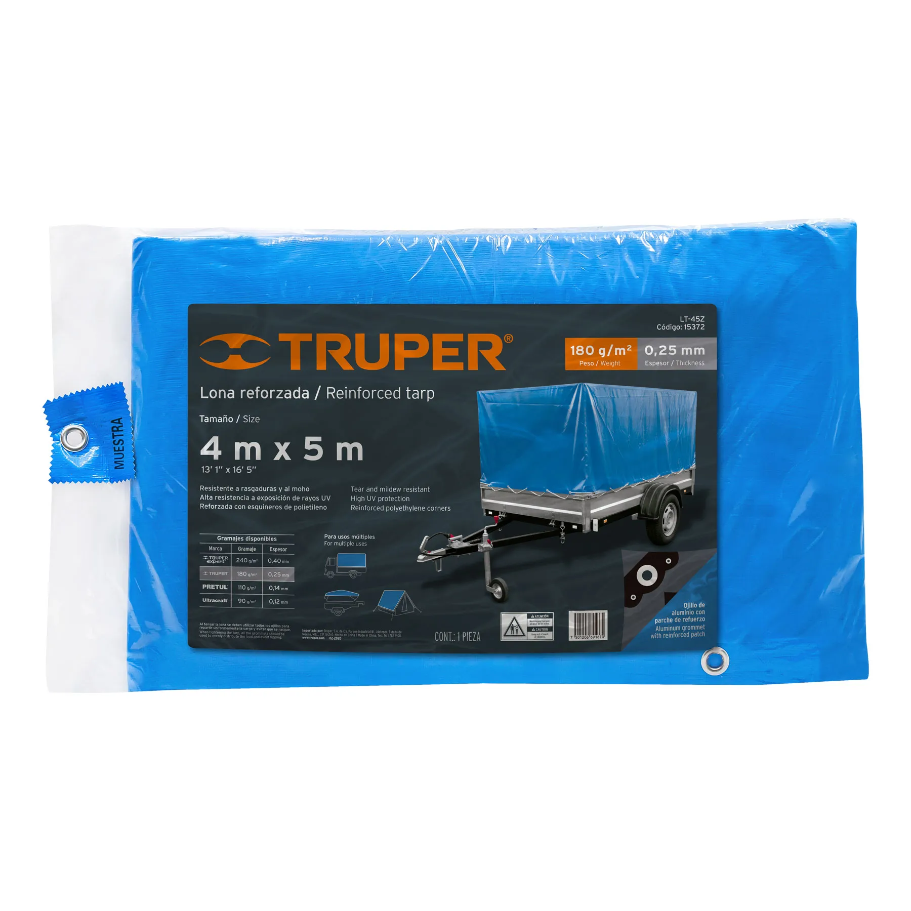 Lona de polietileno reforzada 4 x 5 m, azul, 180g/m2, TRUPER LT-45Z, Foto 2 Tienda en línea de herramientas Truper
