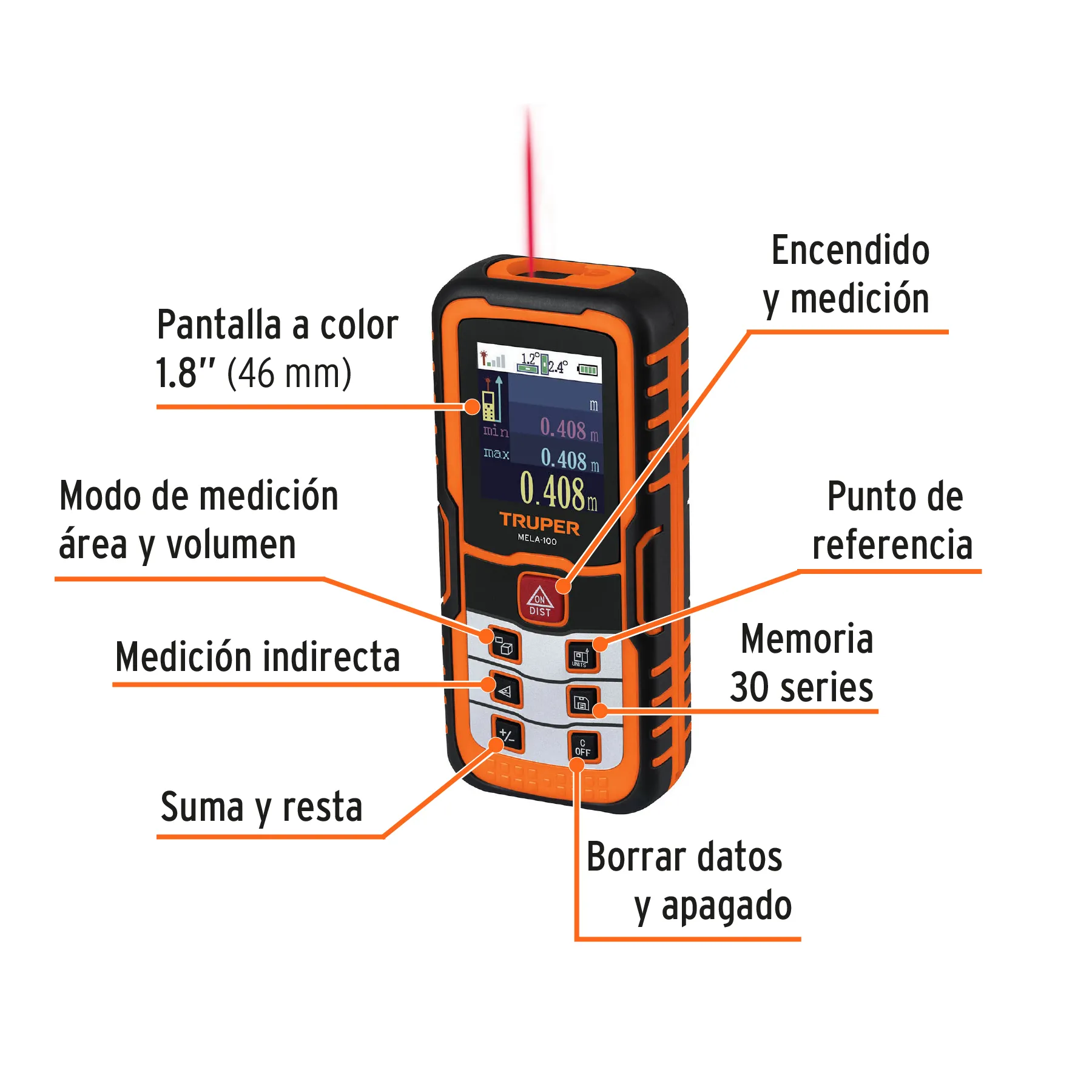 Medidor láser de distancia de 0.05 m a 100 m, Truper MELA-100, Foto 2 Tienda en línea de herramientas Truper