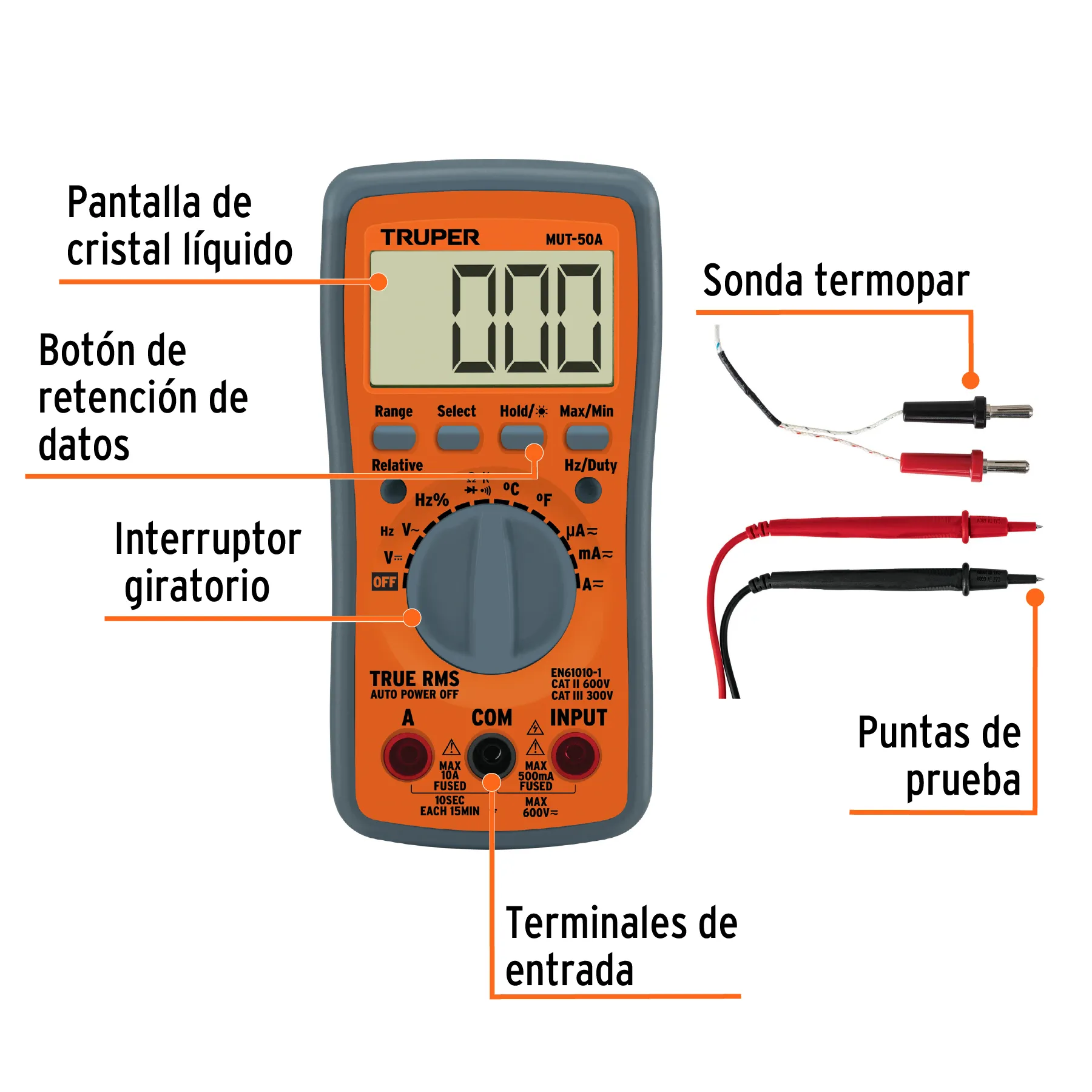 Multimetro profesional con RMS verdadero y auto rango MUT-50A, Foto 2 Tienda en línea de herramientas Truper