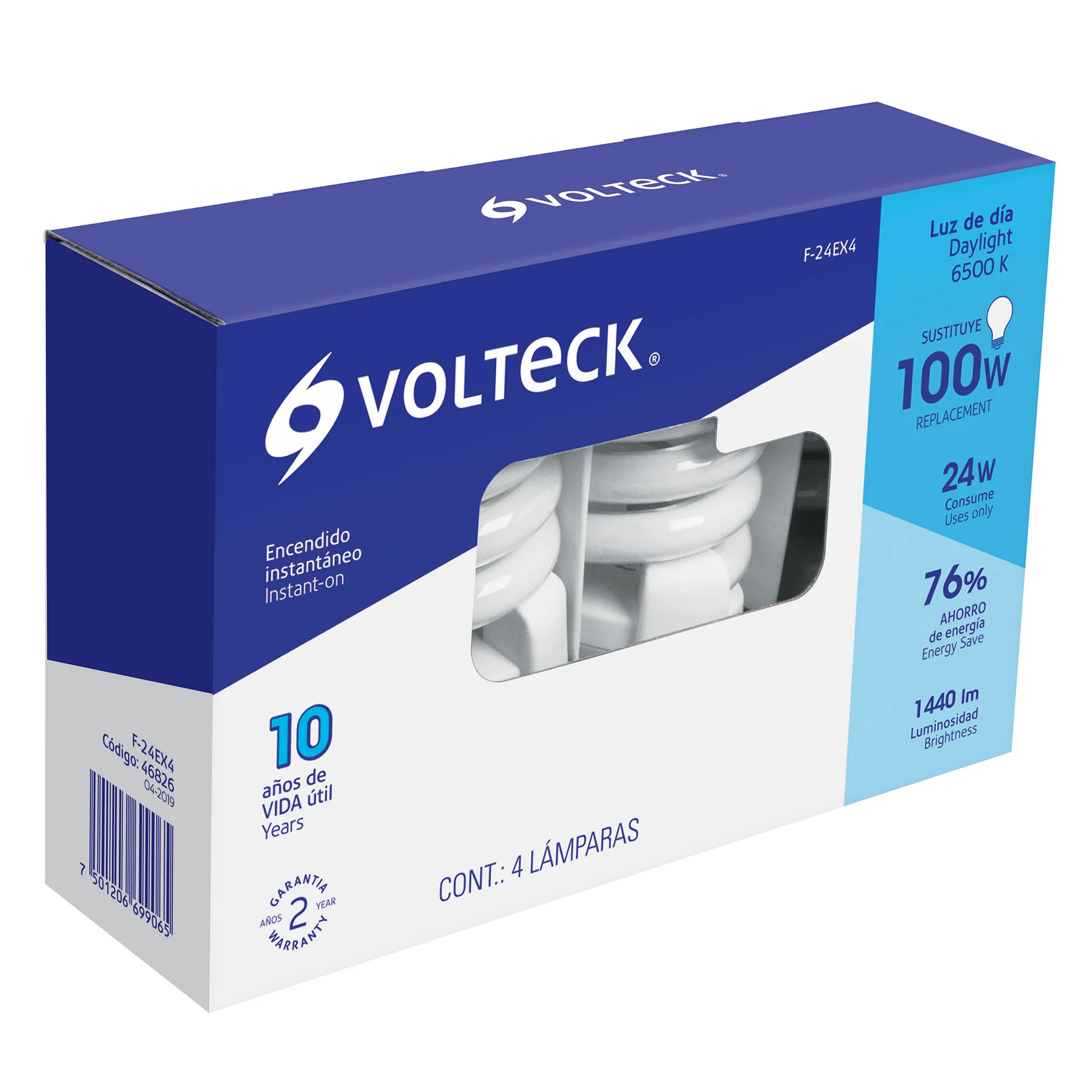 Pack 4 lámparas espiral T4 24 W luz de día, caja, Volteck F-24EX4, Foto 4 Tienda en línea de herramientas Truper