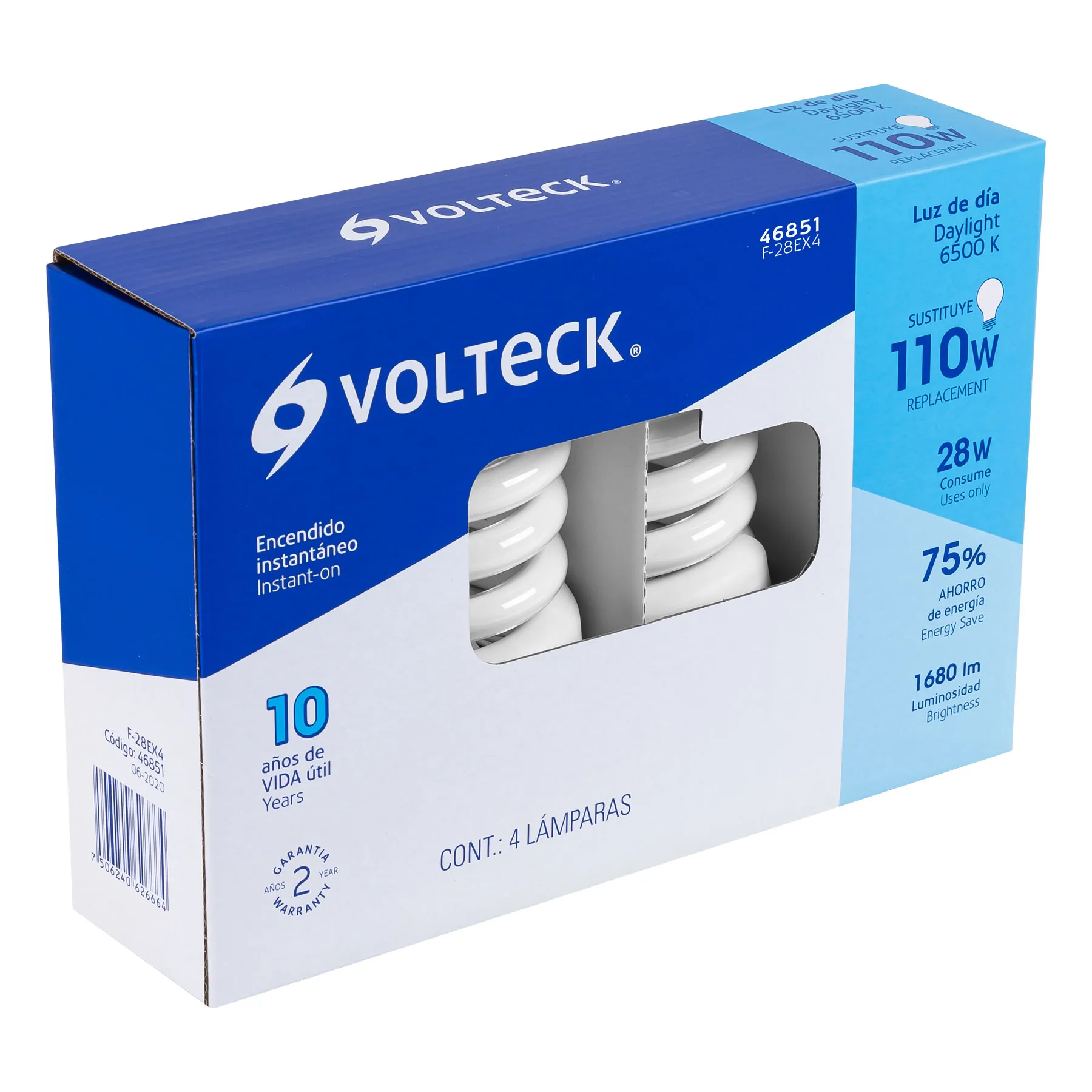 Pack 4 lámparas espiral T4 28 W luz de día, caja, Volteck, Foto 1 Tienda en línea de herramientas Truper
