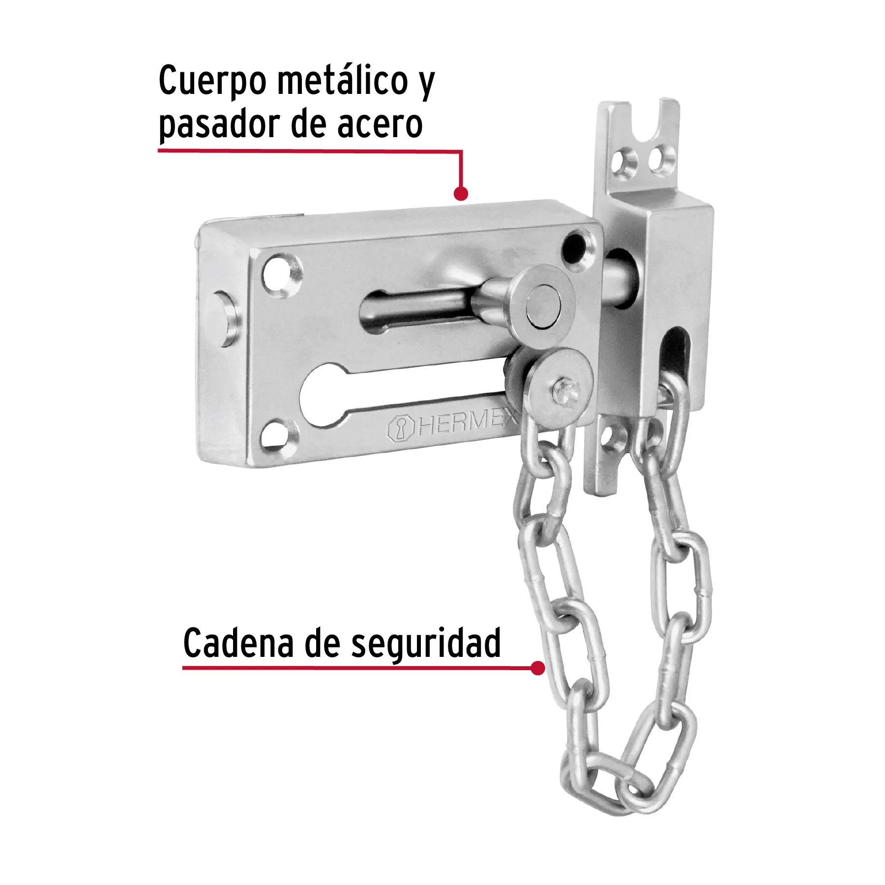 Pasador con cadena para puerta, acabado cromo mate, HERMEX PACA-3, Foto 2 Tienda en línea de herramientas Truper