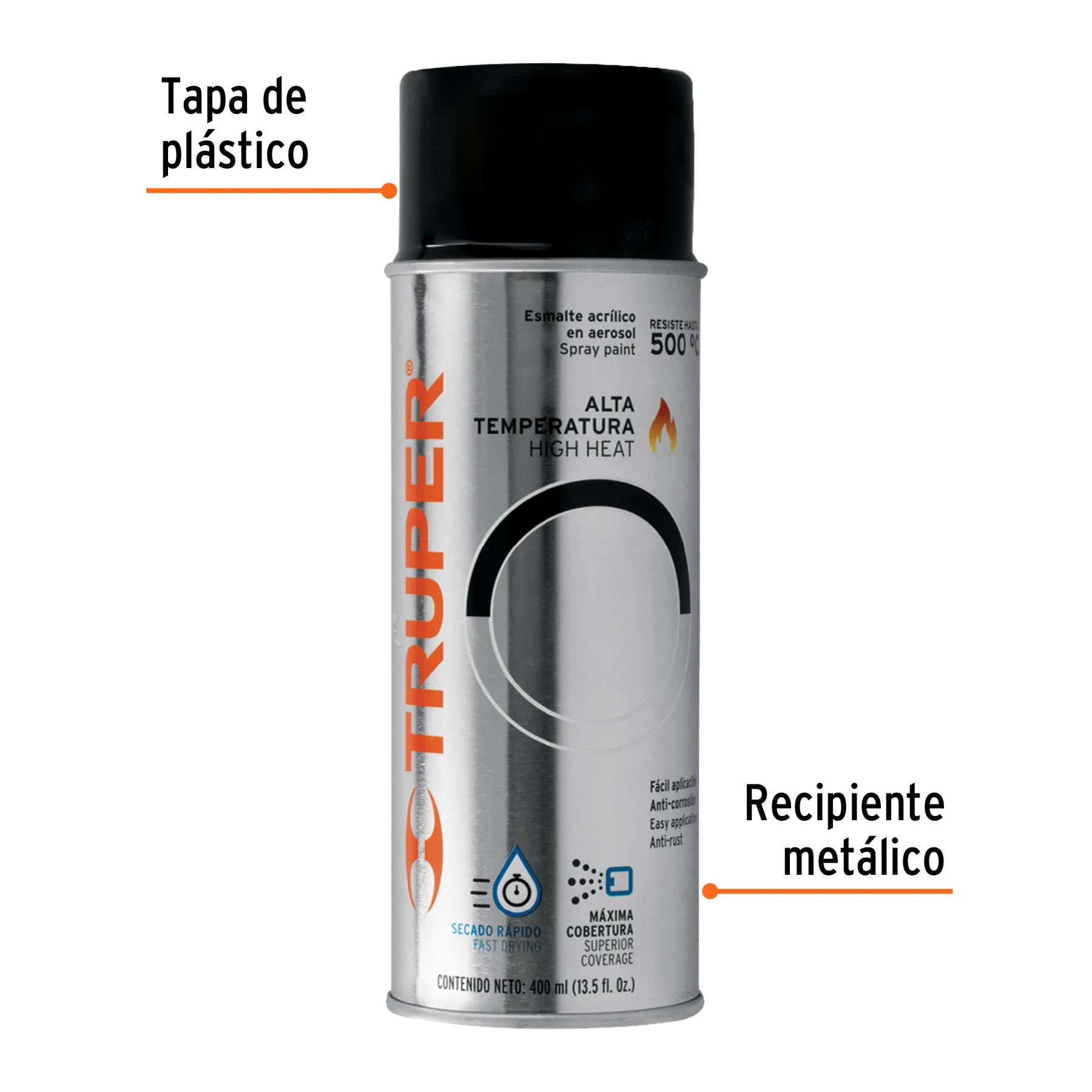 Pintura en aerosol alta temp, negro, bote tradicional, 400ml PA-ALTE-N-2, Foto 2 Tienda en línea de herramientas Truper