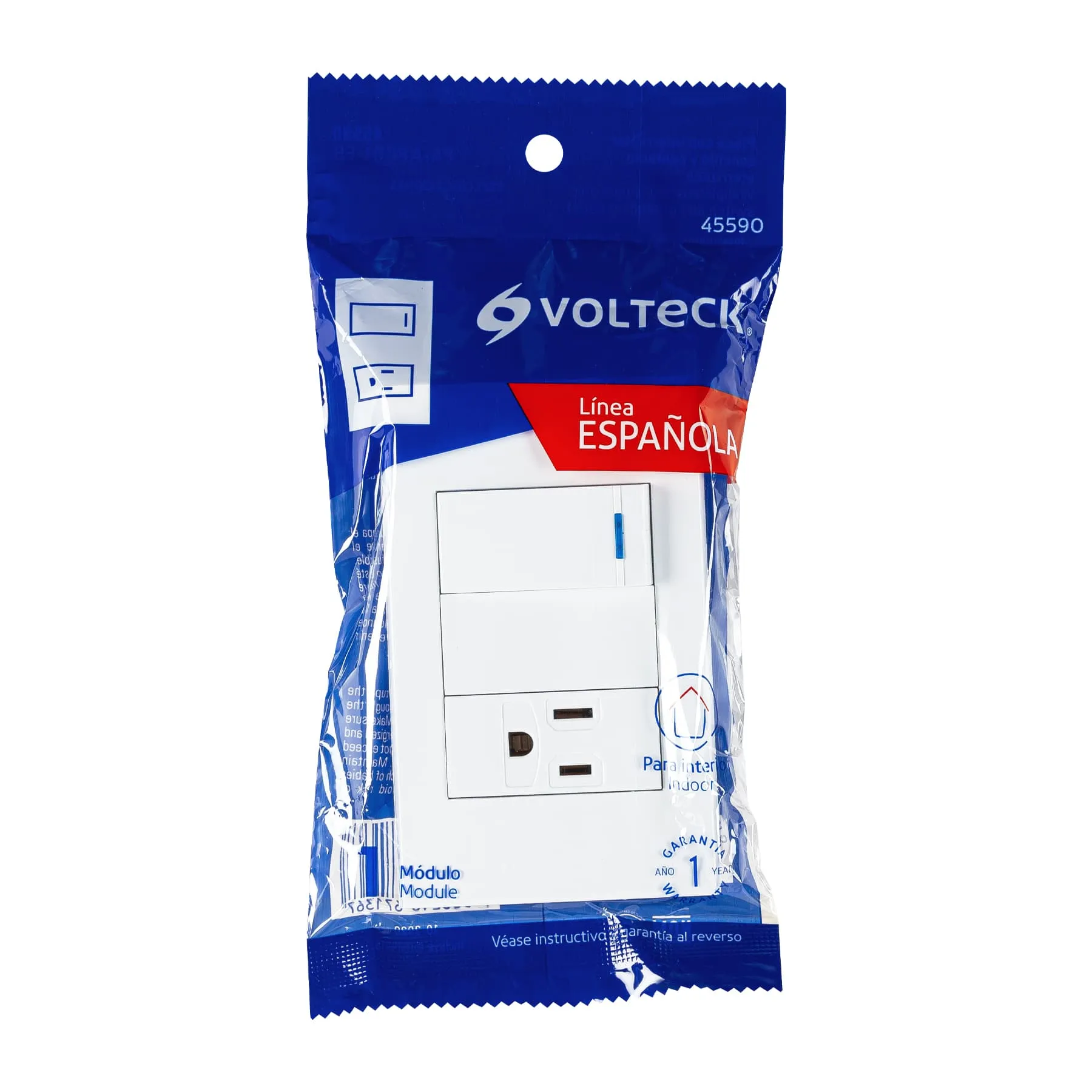 Placa armada 1 interruptor,1 contacto,1mod, Española, blanco PA-APCO1-EB, Foto 4 Tienda en línea de herramientas Truper
