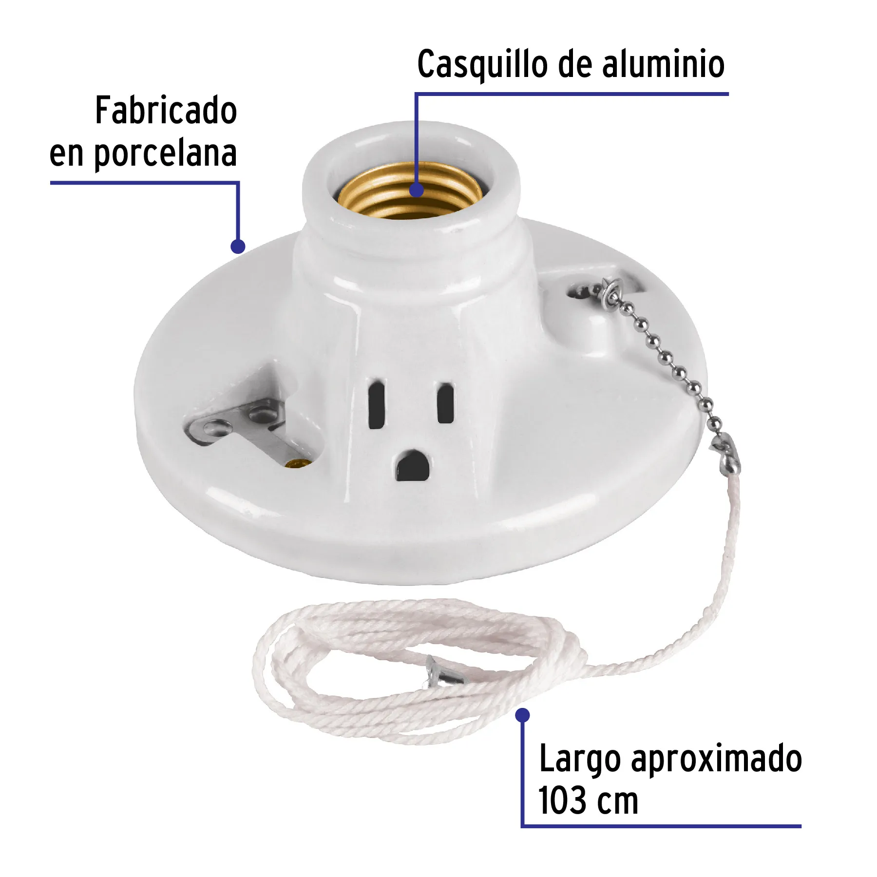 Portalámpara de porcelana, con ladrón y cadena, Volteck POPO-20, Foto 2 Tienda en línea de herramientas Truper