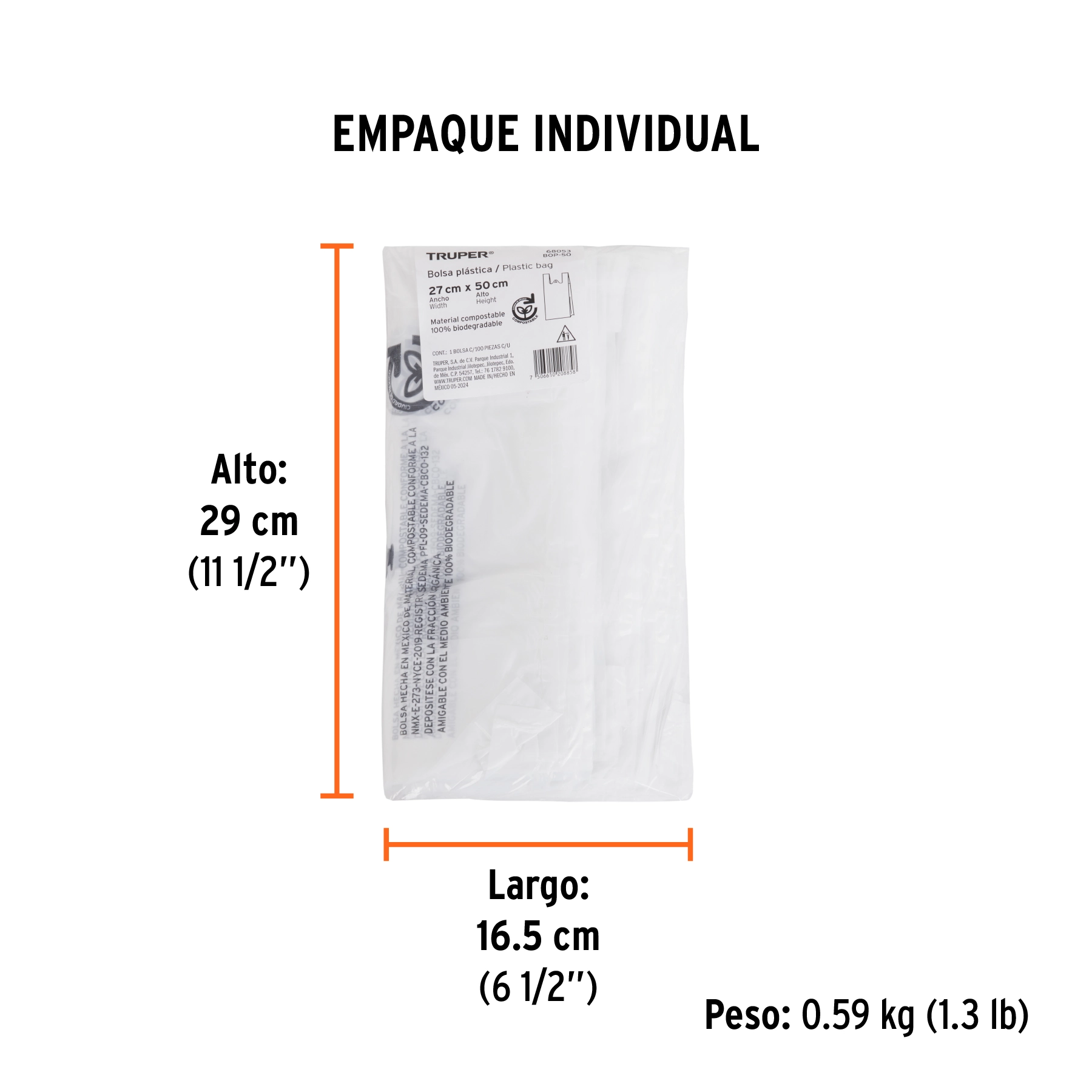 100 bolsas plásticas biodegradables de 27 x 50 cm, TRUPER