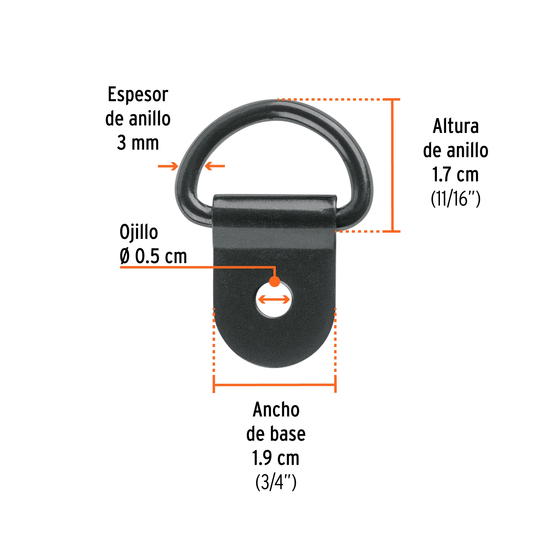 12 anclajes para amarre de carga, anillo en 'D' espesor 1/8'