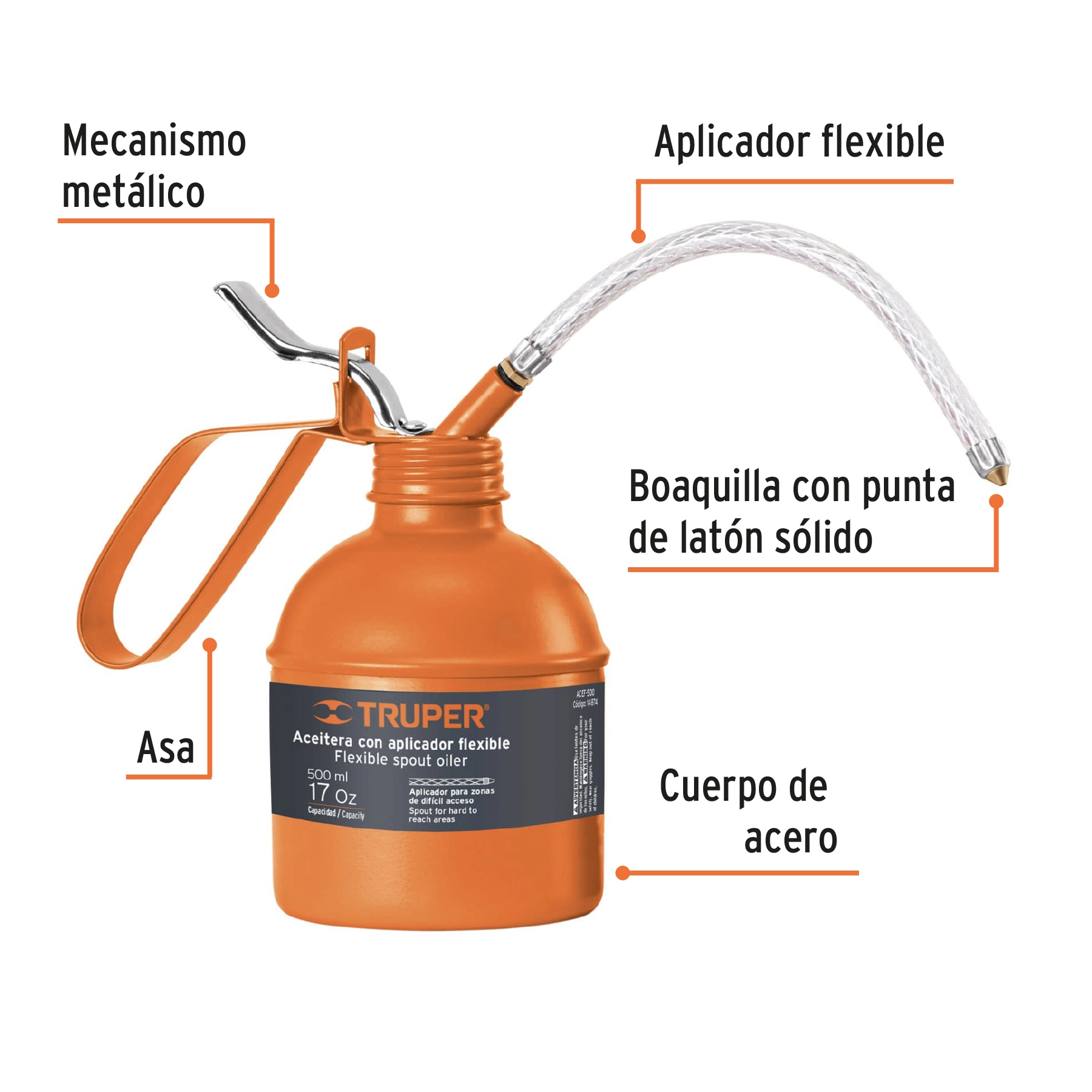 Aceitera de 500 ml (17 oz) con aplicador flexible, TRUPER