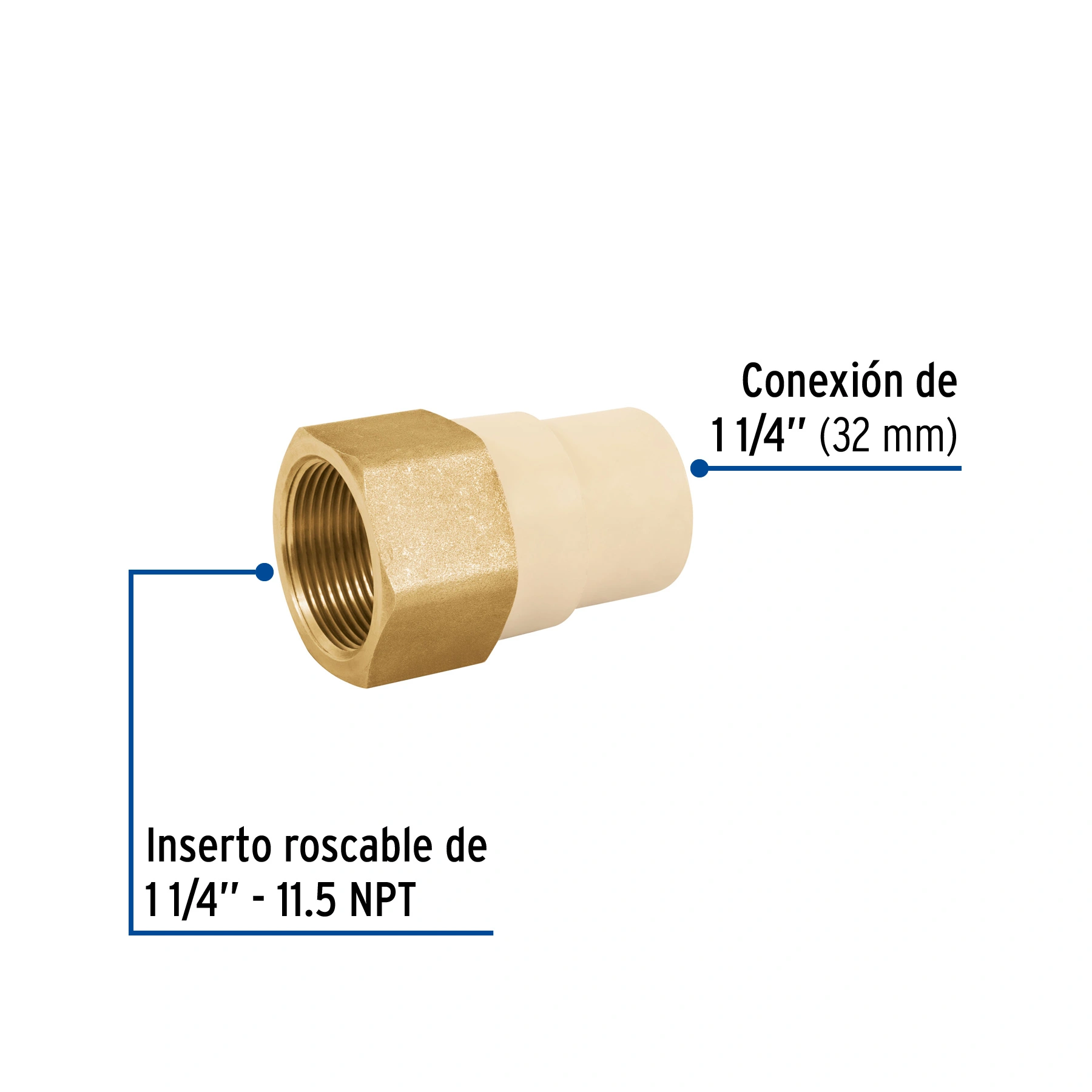 Adaptador hembra de CPVC 1-1/4'con inserto y tuerca de latón