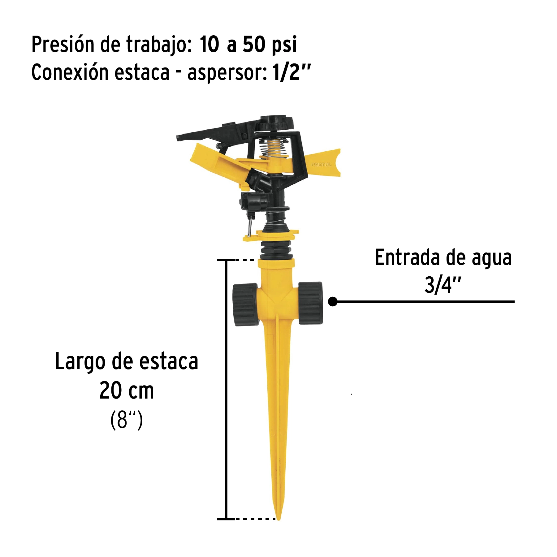 Aspersor plástico 11' dos vías, estaca plástica, PRETUL