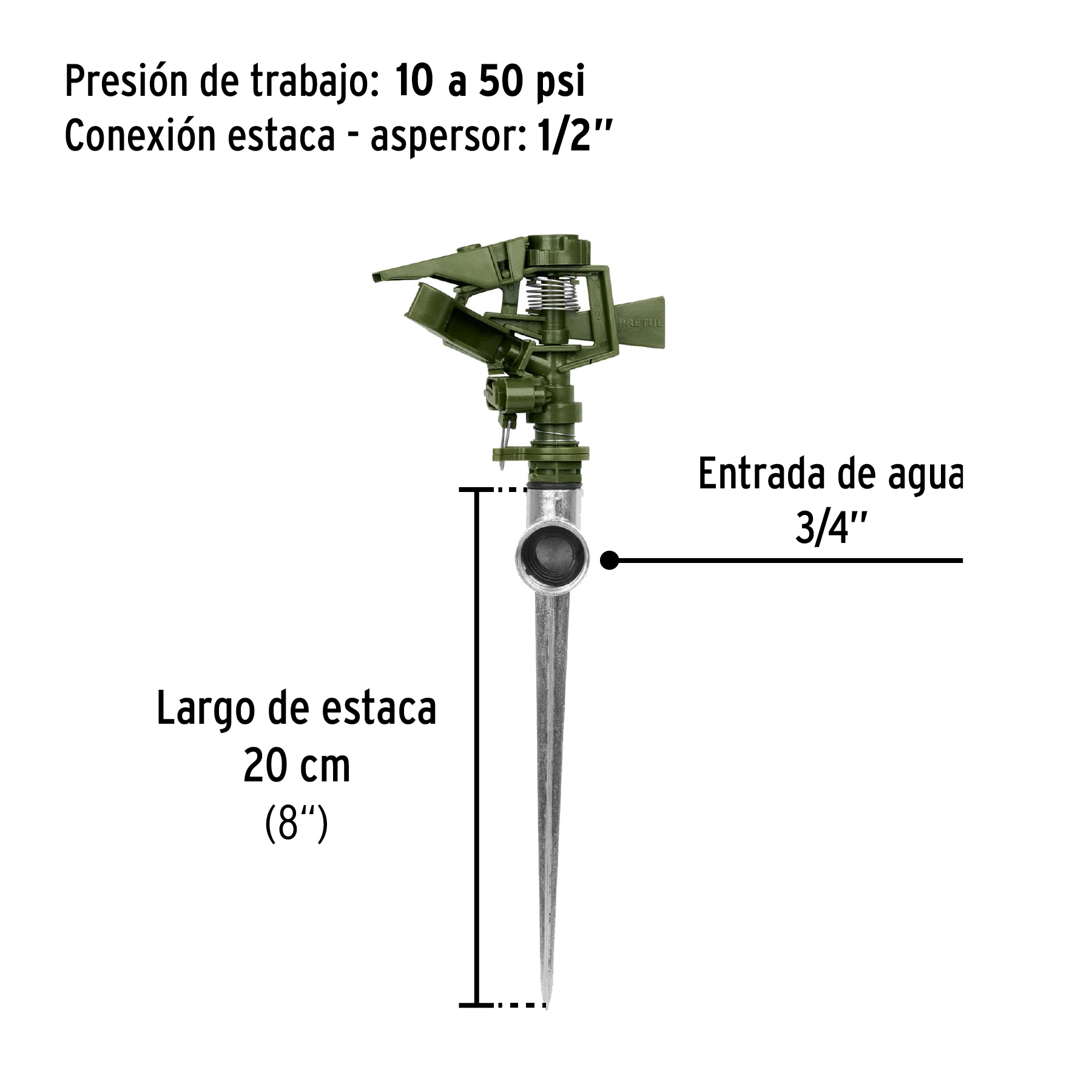 Aspersor plástico 11' una vía estaca metálica, verde, PRETUL