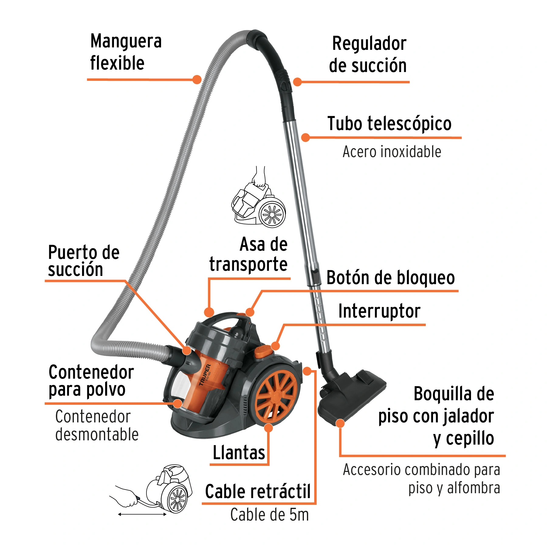Aspiradora canister 2 L (0.5 gal), 1,200 W (1.6 HP), TRUPER