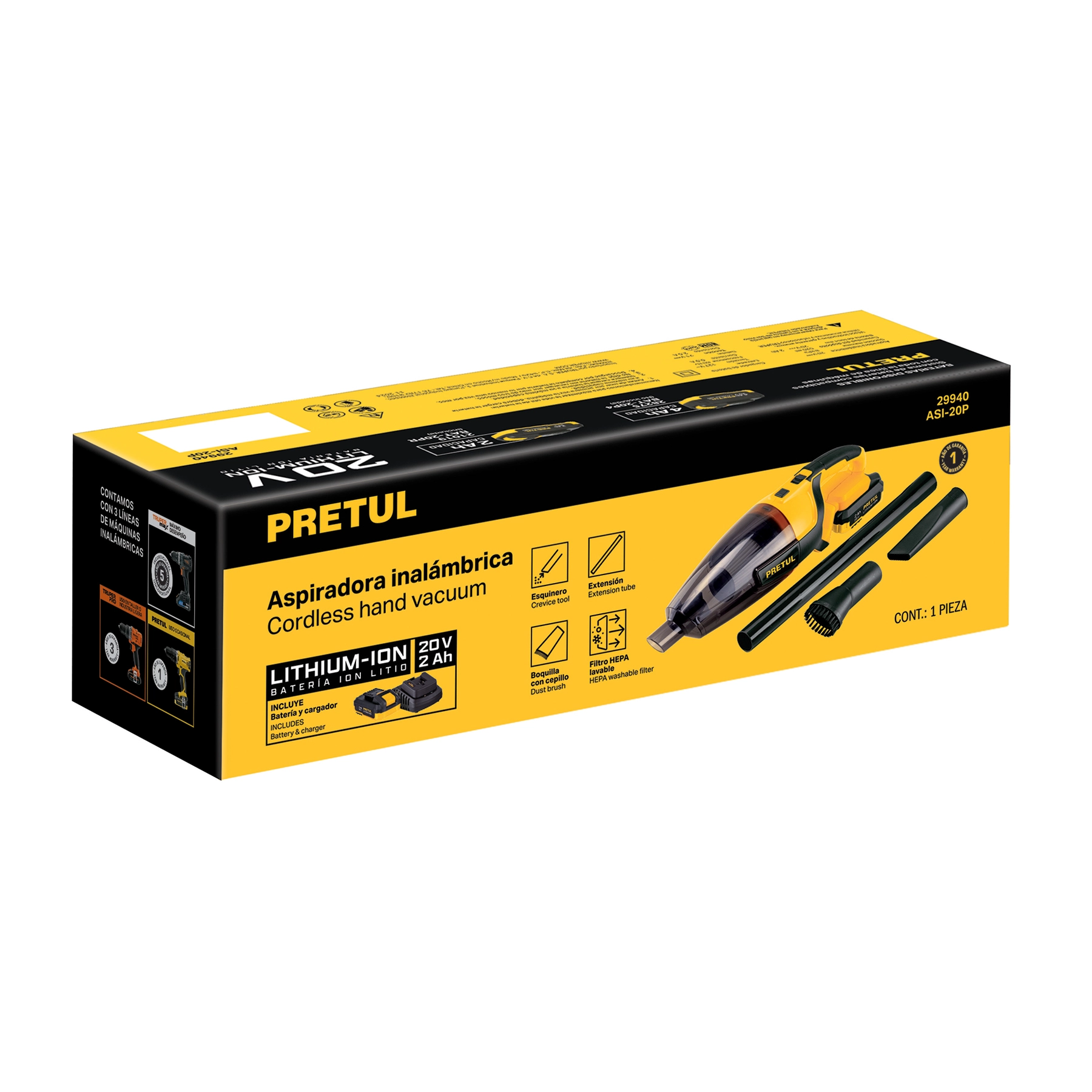 Aspiradora para auto, 20V, 1 batería 2Ah, PRETUL