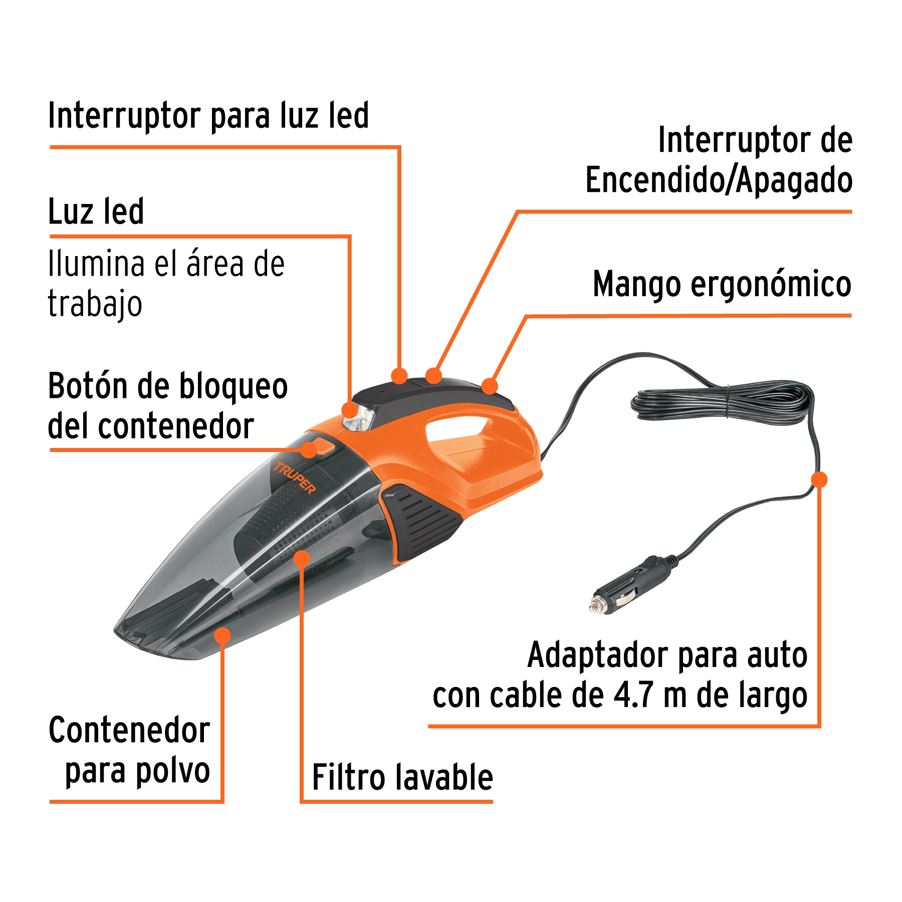 Aspiradora para auto,12 volts, TRUPER