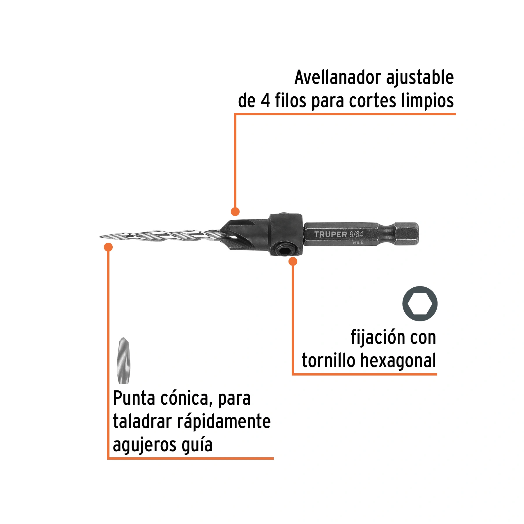 Broca avellanadora #6 para madera, 9/64', TRUPER