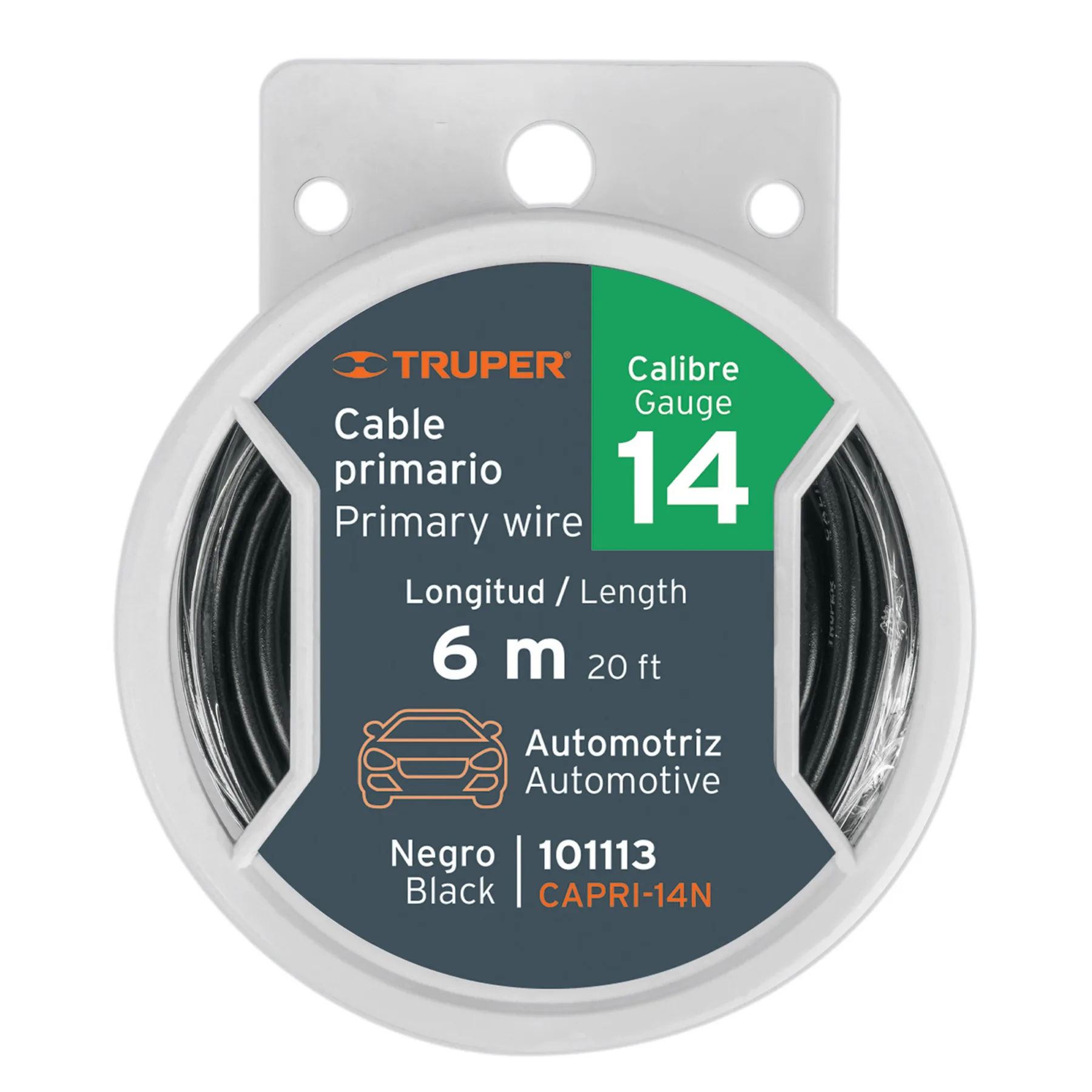 Carrete con 6 m de cable primario negro calibre 14, TRUPER