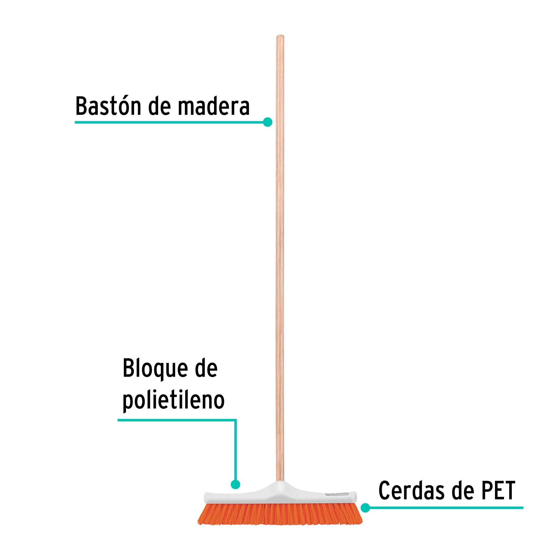 Cepillo para barrer cerda rígida de 40 cm, bastón de madera