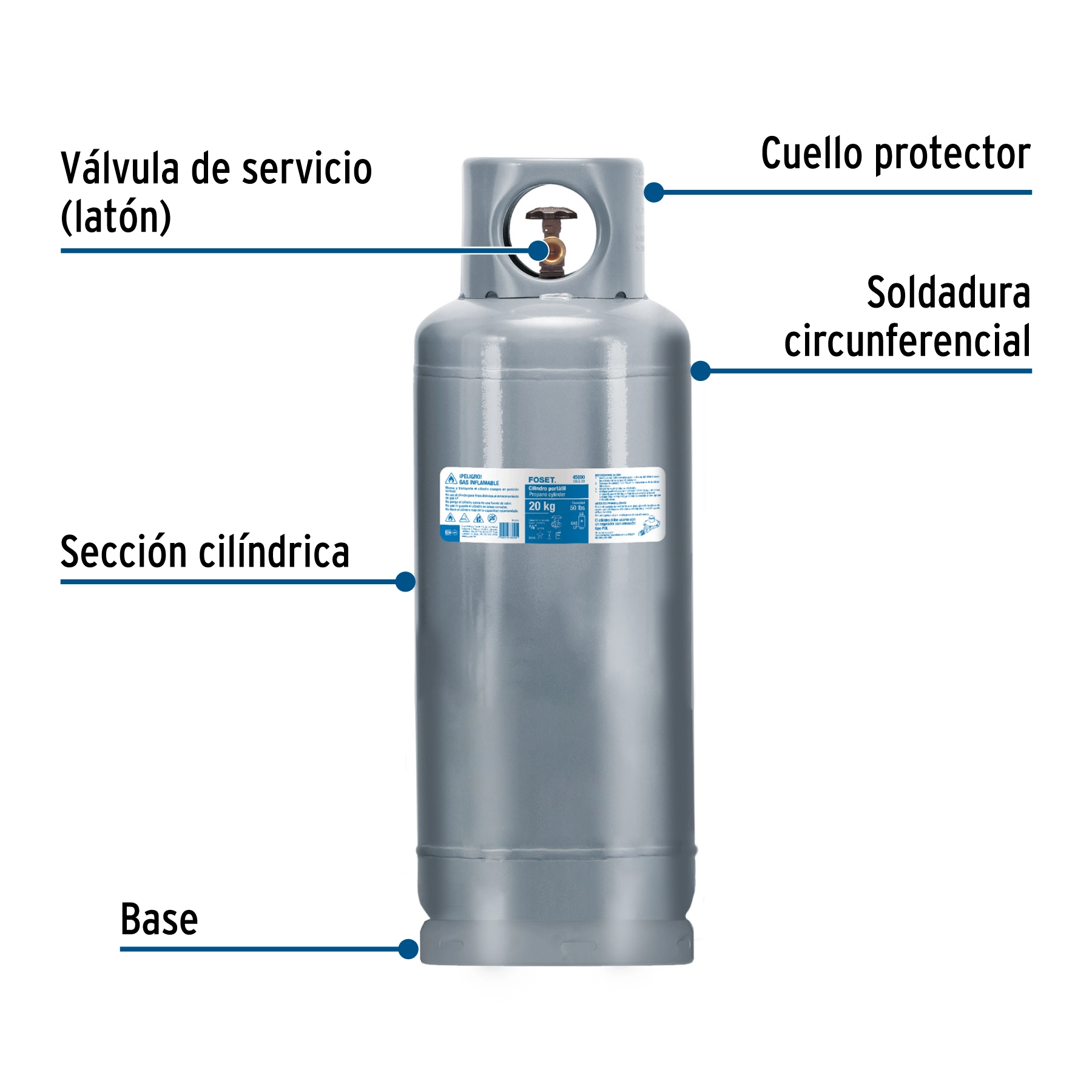 Cilindro portátil para gas LP, 20kg (44lb) FOSET