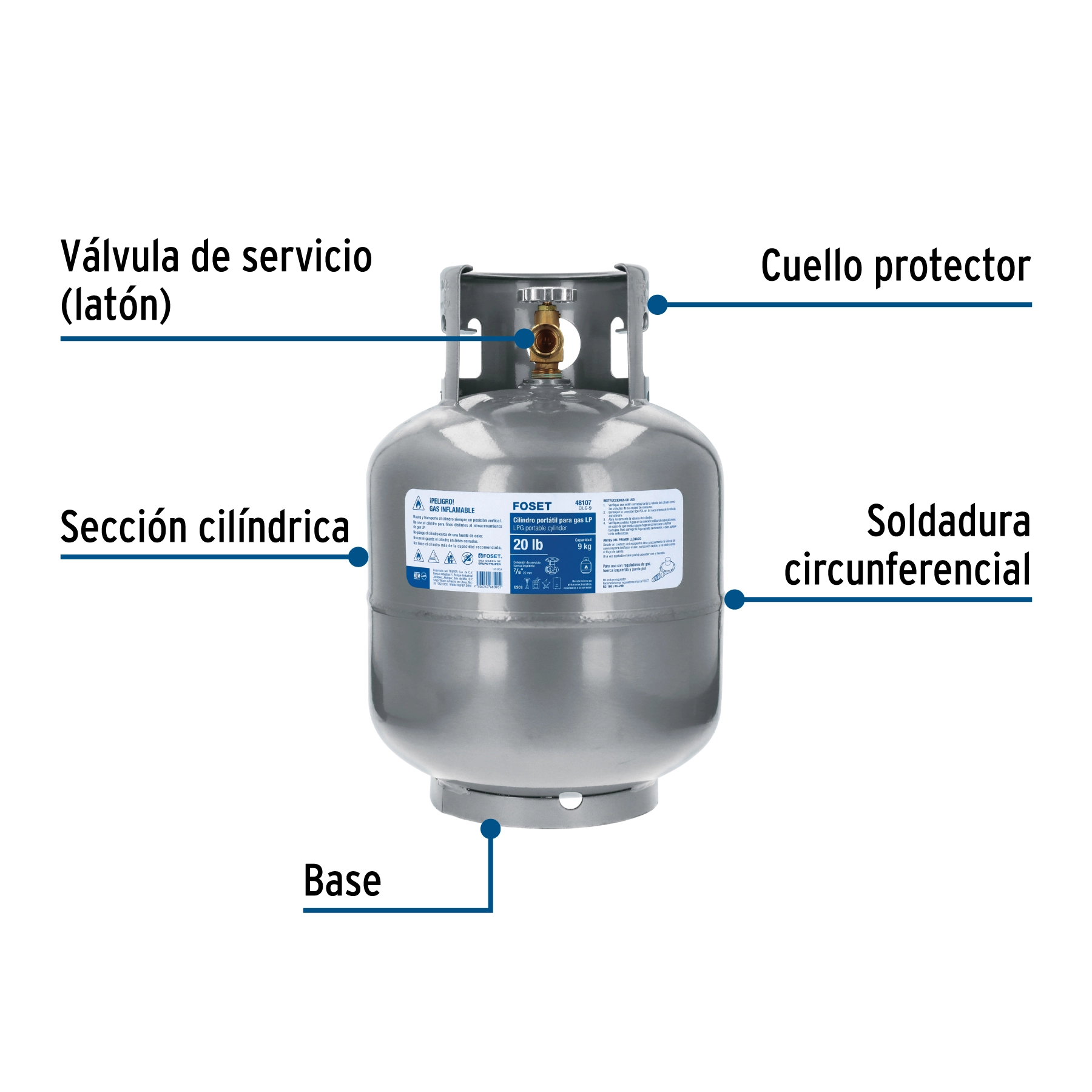 Cilindro portátil para gas LP, 20lb (9kg) FOSET