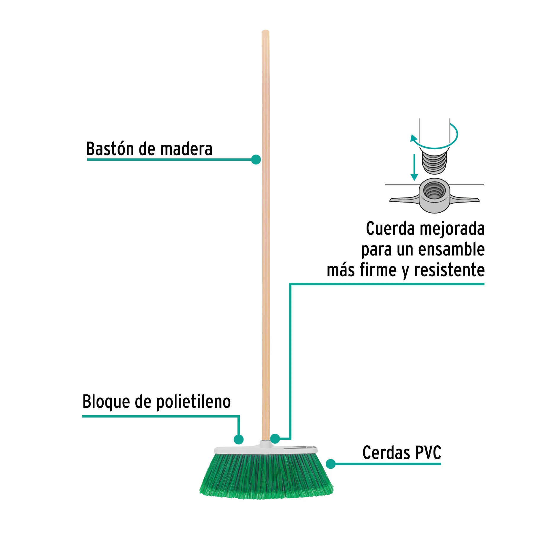 Escoba grande tipo cepillo, cerdas de PVC, bastón de madera