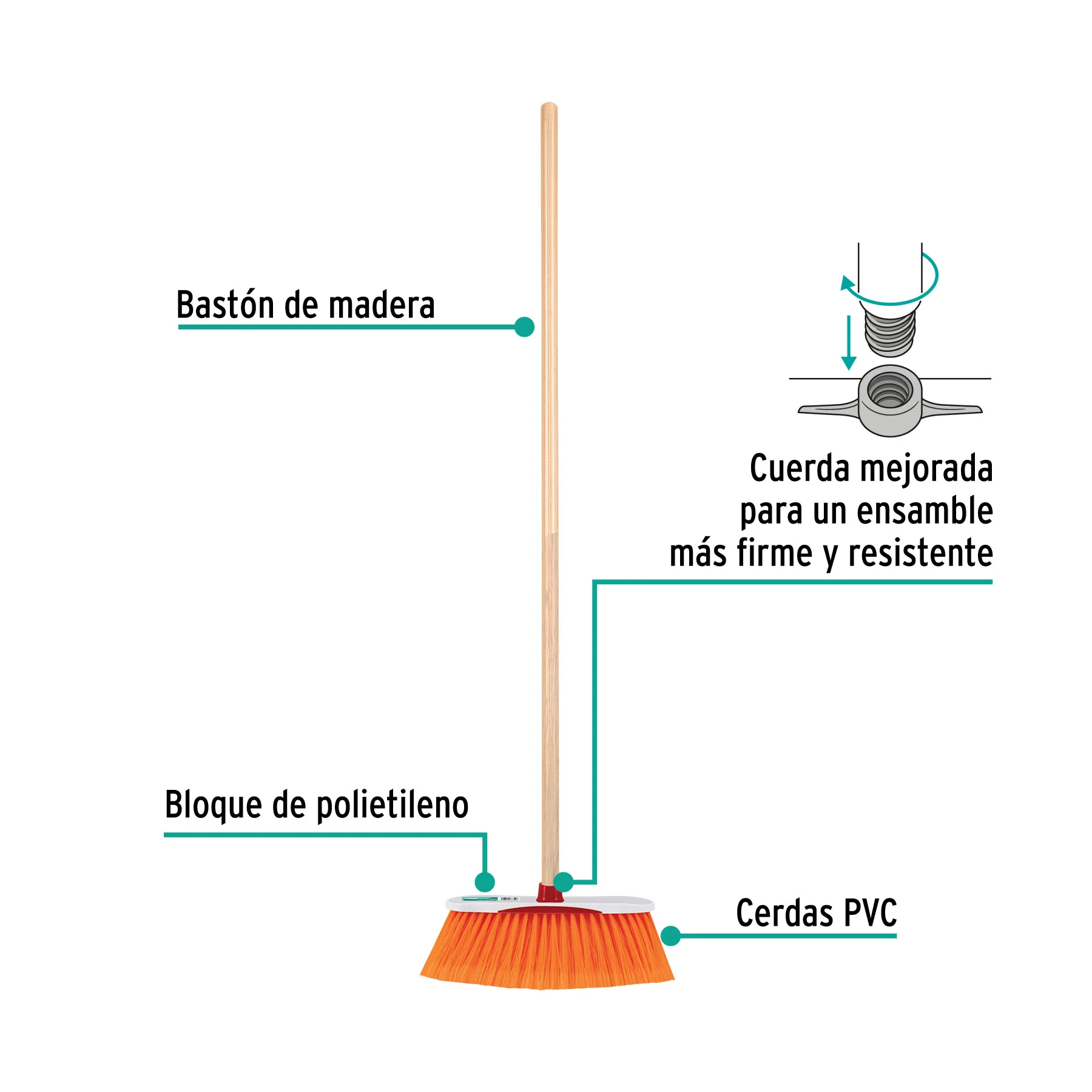 Escoba estándar extrasuave cerdas de PET, bastón de madera