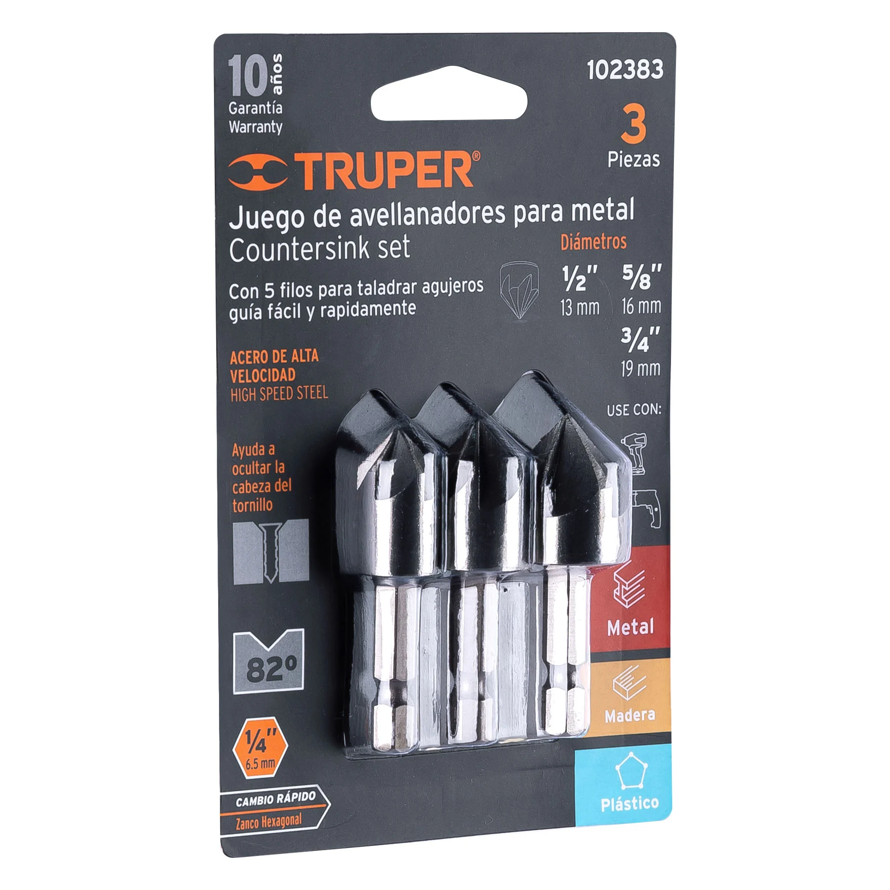 Juego de 3 avellanadores HSS, TRUPER