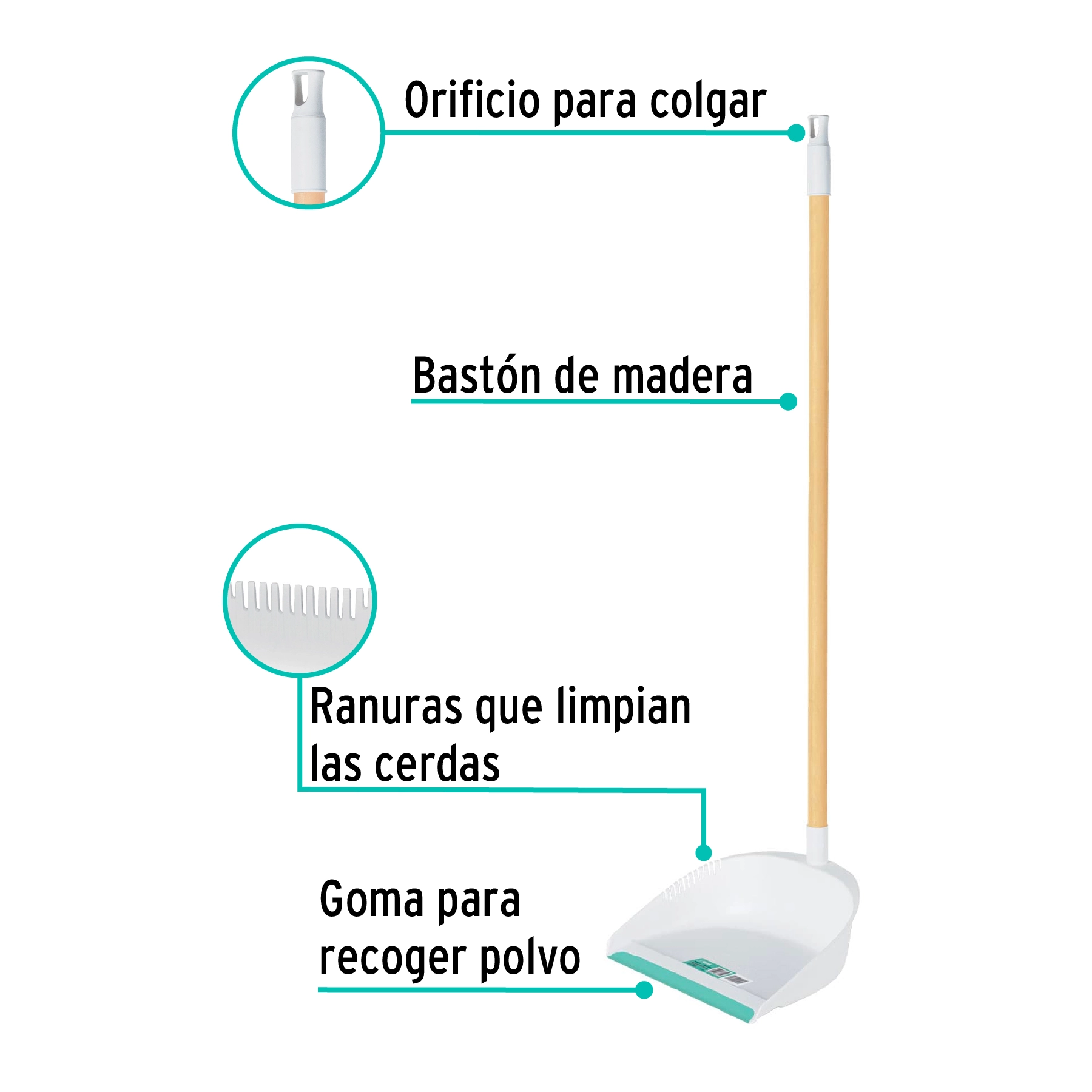 Recogedor plástico con bastón de madera, KLINTEK