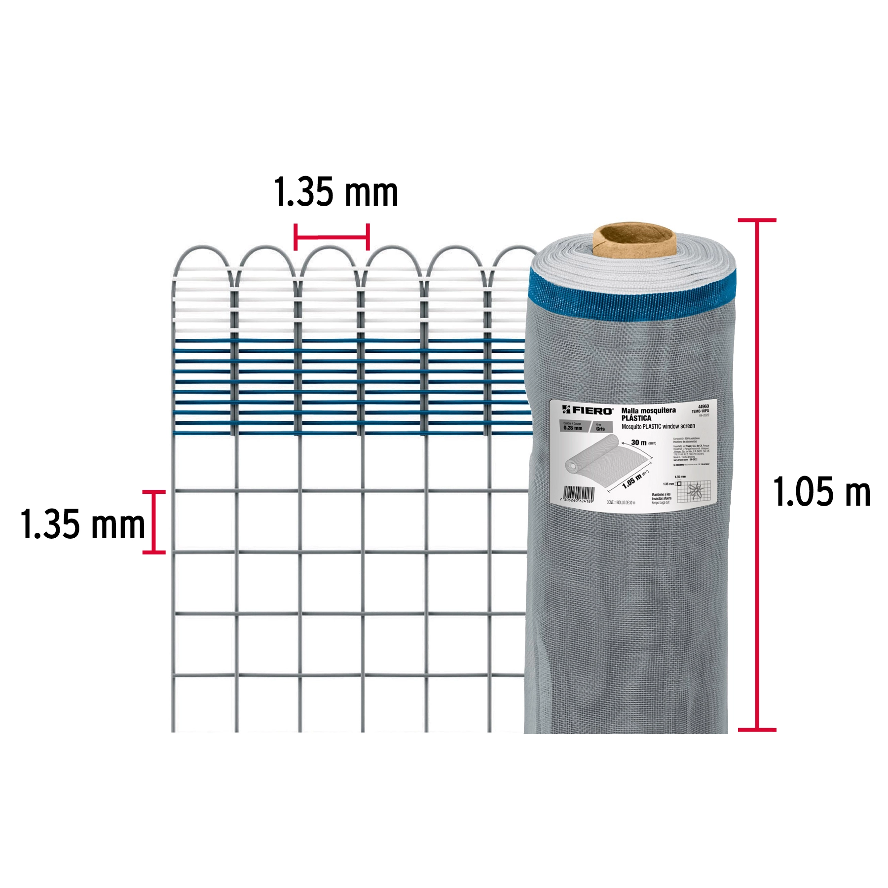 Rollo de 30 m x 1.05 m de malla mosquitera plástica gris