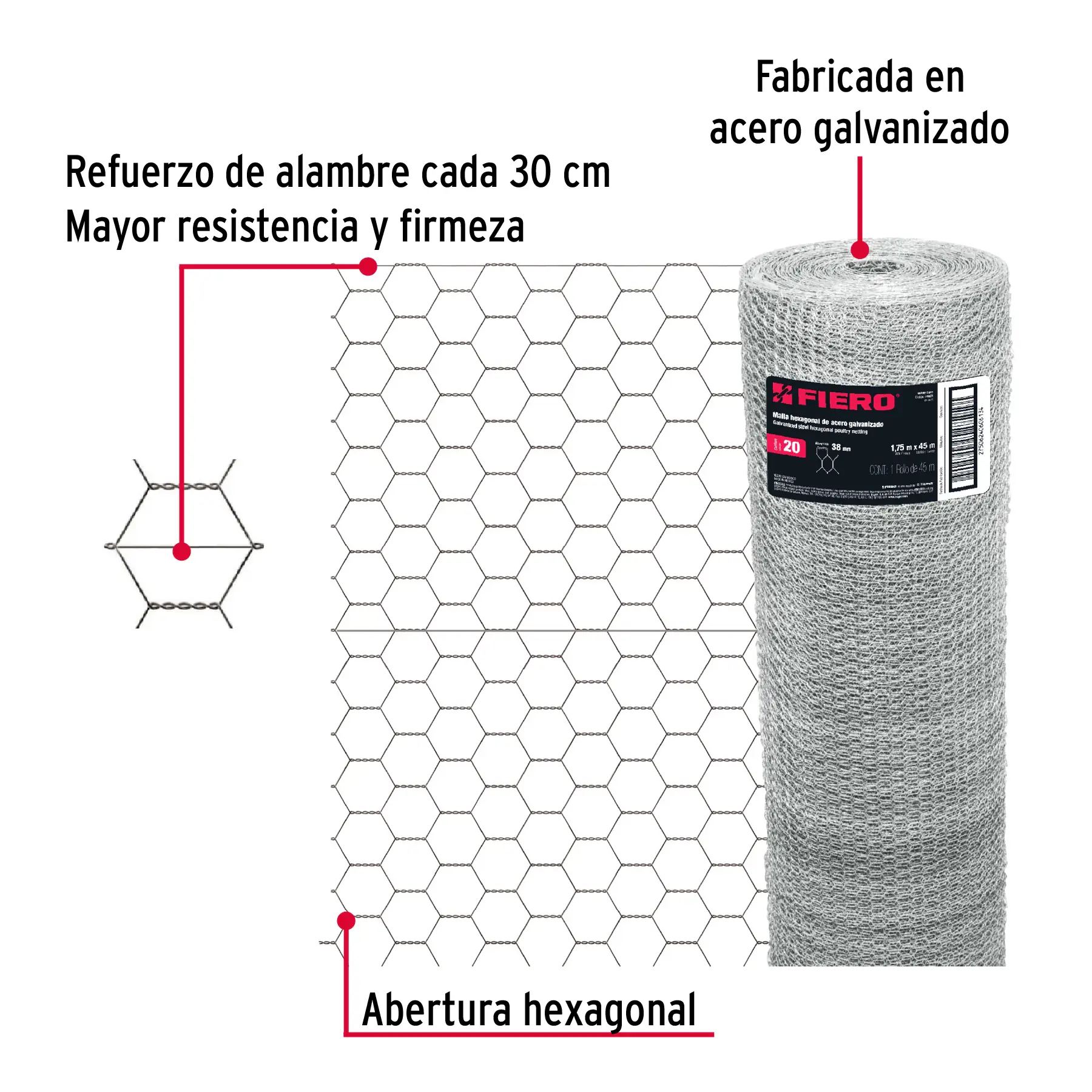 Rollo malla hexagonal cal.20, 1.75x 45m, abertura 38mm, 21kg