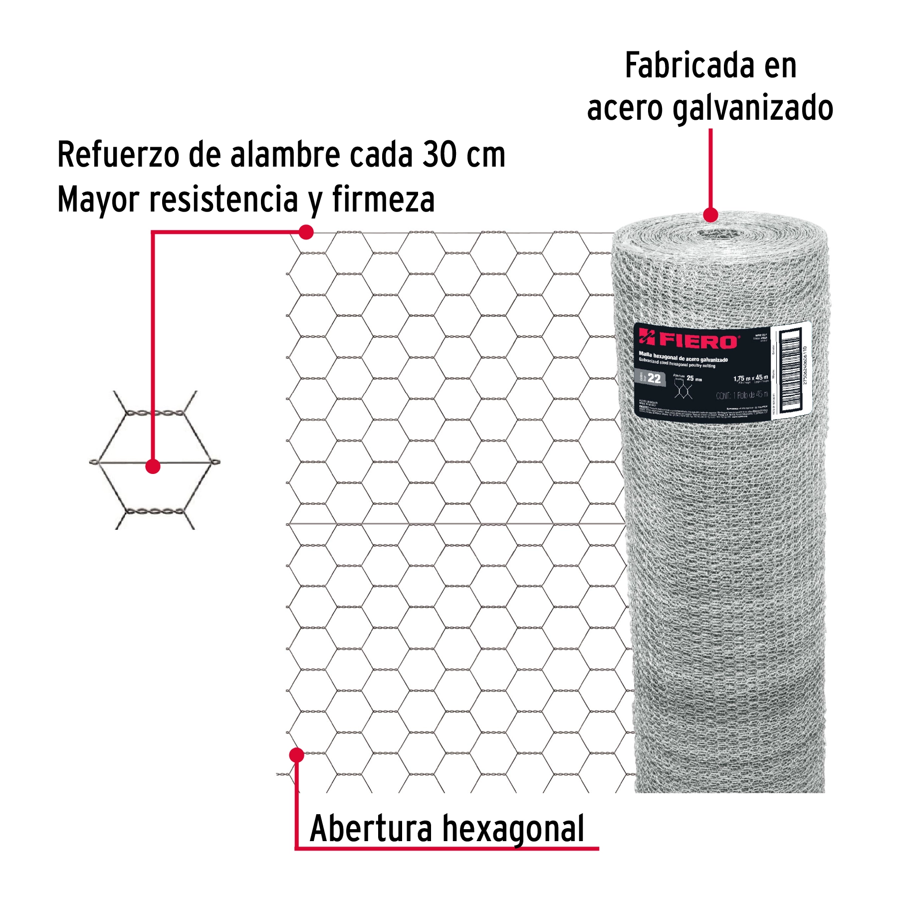 Rollo malla hexagonal cal.22, 1.75x 45m, abertura 25mm, 23kg